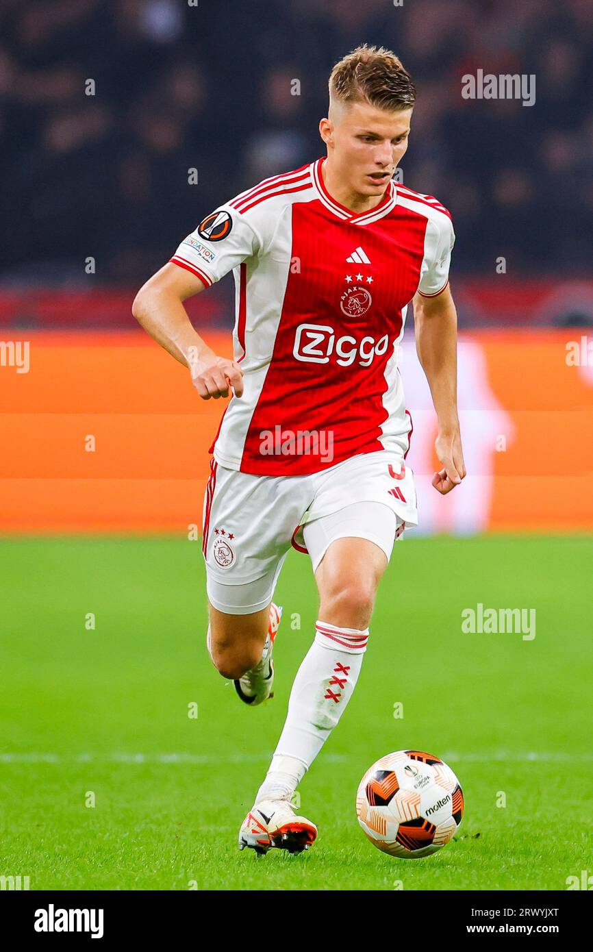 AMSTERDAM, PAESI BASSI - 21 SETTEMBRE: Anton Gaaei (Ajax) durante la UEFA Europa League 2023/2024 - gruppo B partita dell'AFC Ajax e dell'Olympique Marsiglia Foto Stock