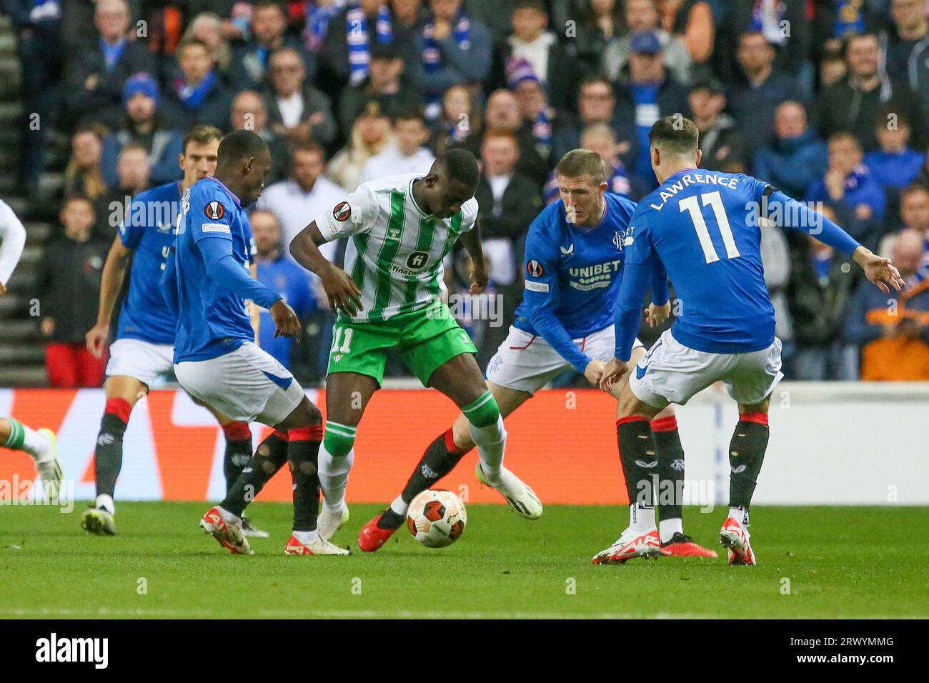 Glasgow, Regno Unito. 21 settembre 2023. Nella prima partita del gruppo C della UEFA Europa League di questa stagione, i Rangers hanno giocato il Real Betis dalla Spagna a casa dei Rangers, Ibrox Stadium, Glasgow, Scozia, Regno Unito. Questa è la prima partita di una mini lega di 4 squadre con partite in casa e in trasferta. Crediti: Findlay/Alamy Live News Foto Stock