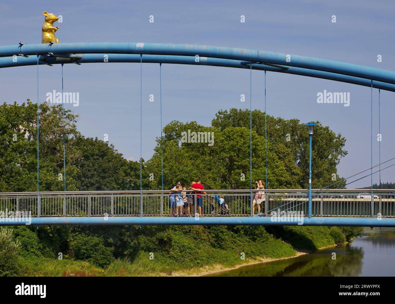 Topo dorato su un ponte sul ponte Weser, Germania, bassa Sassonia, Hamelin Foto Stock