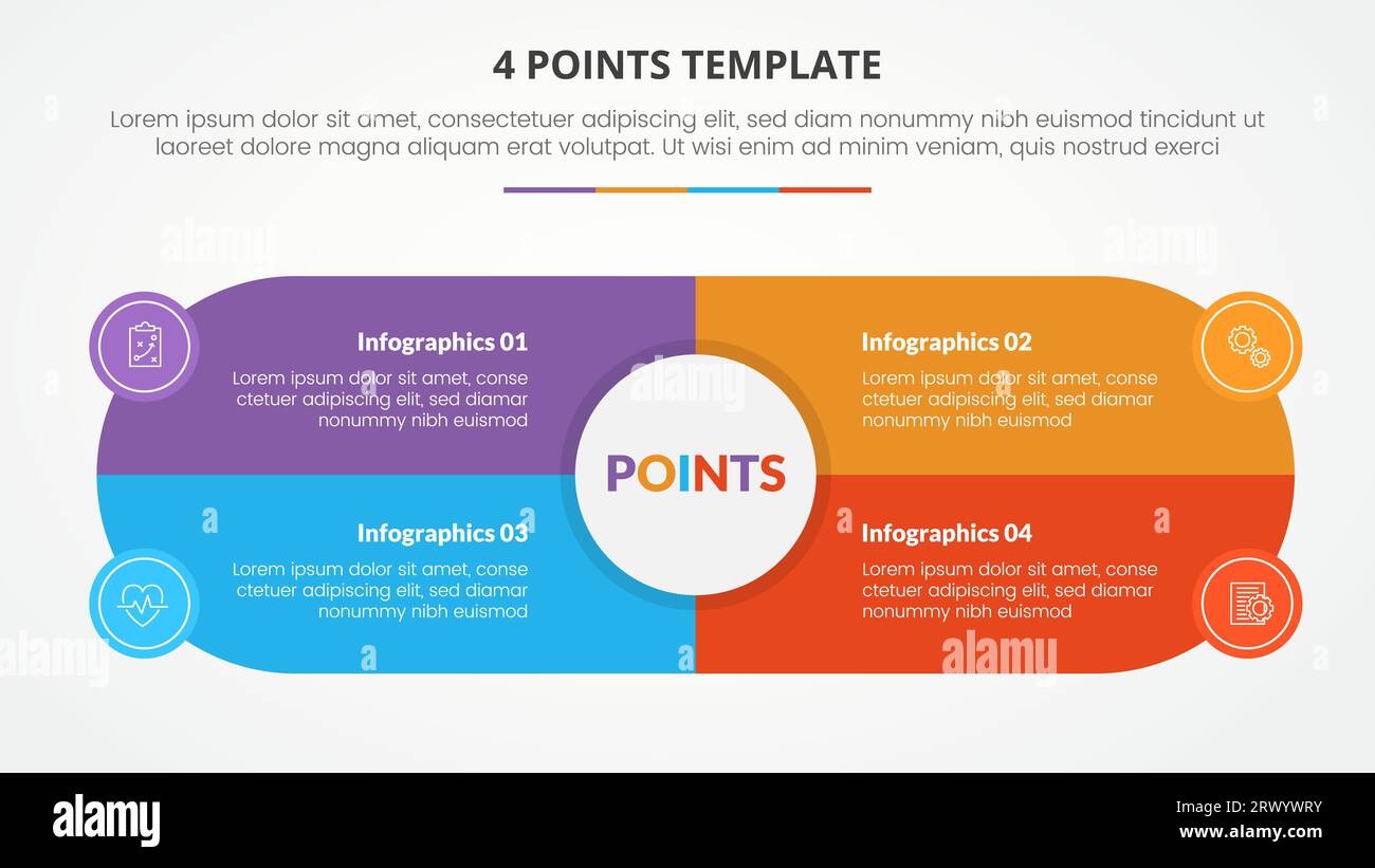 concetto infografico del modello di fase a 4 punti per la presentazione di diapositive con cerchio grande e casella centrale a forma rotonda elenco a 4 punti con vettore di stile piatto Foto Stock
