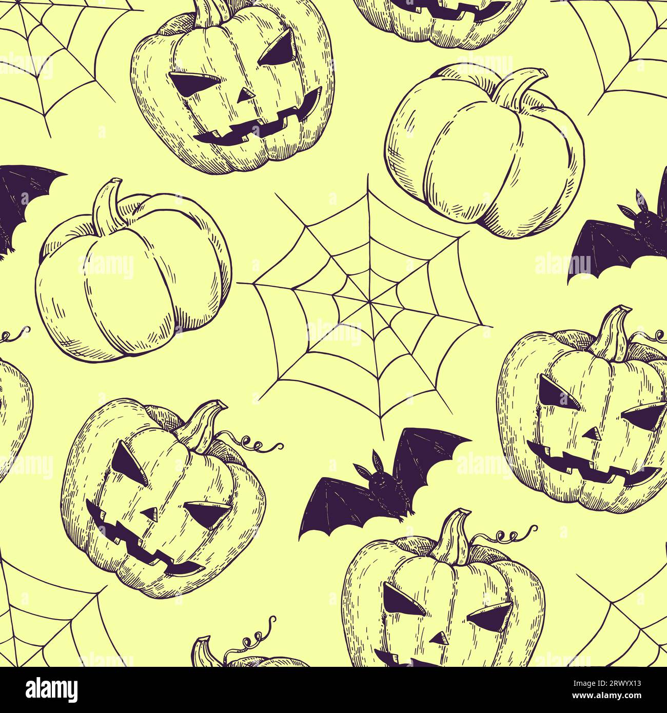 Halloween motivo monocromatico senza cuciture disegnato a mano con incisione disegnata a mano con zucche e ragnatela. Illustrazione Vettoriale