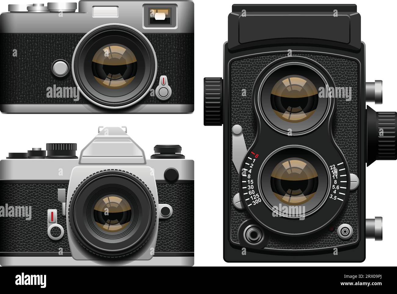 Illustrazione vettoriale stratificata di tre tipi di vecchie fotocamere. Illustrazione Vettoriale