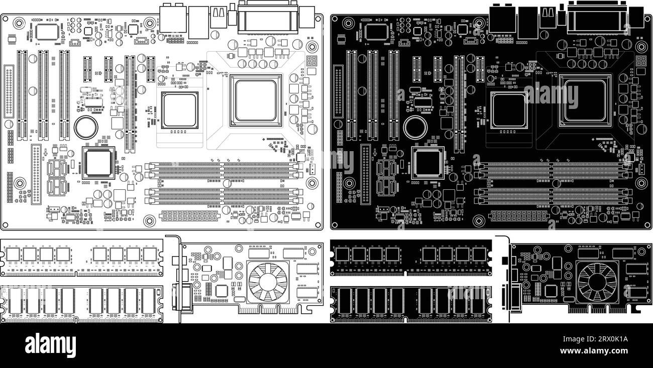Illustrazione vettoriale modificabile a più livelli della scheda madre, della memoria e della scheda grafica del vecchio computer Illustrazione Vettoriale