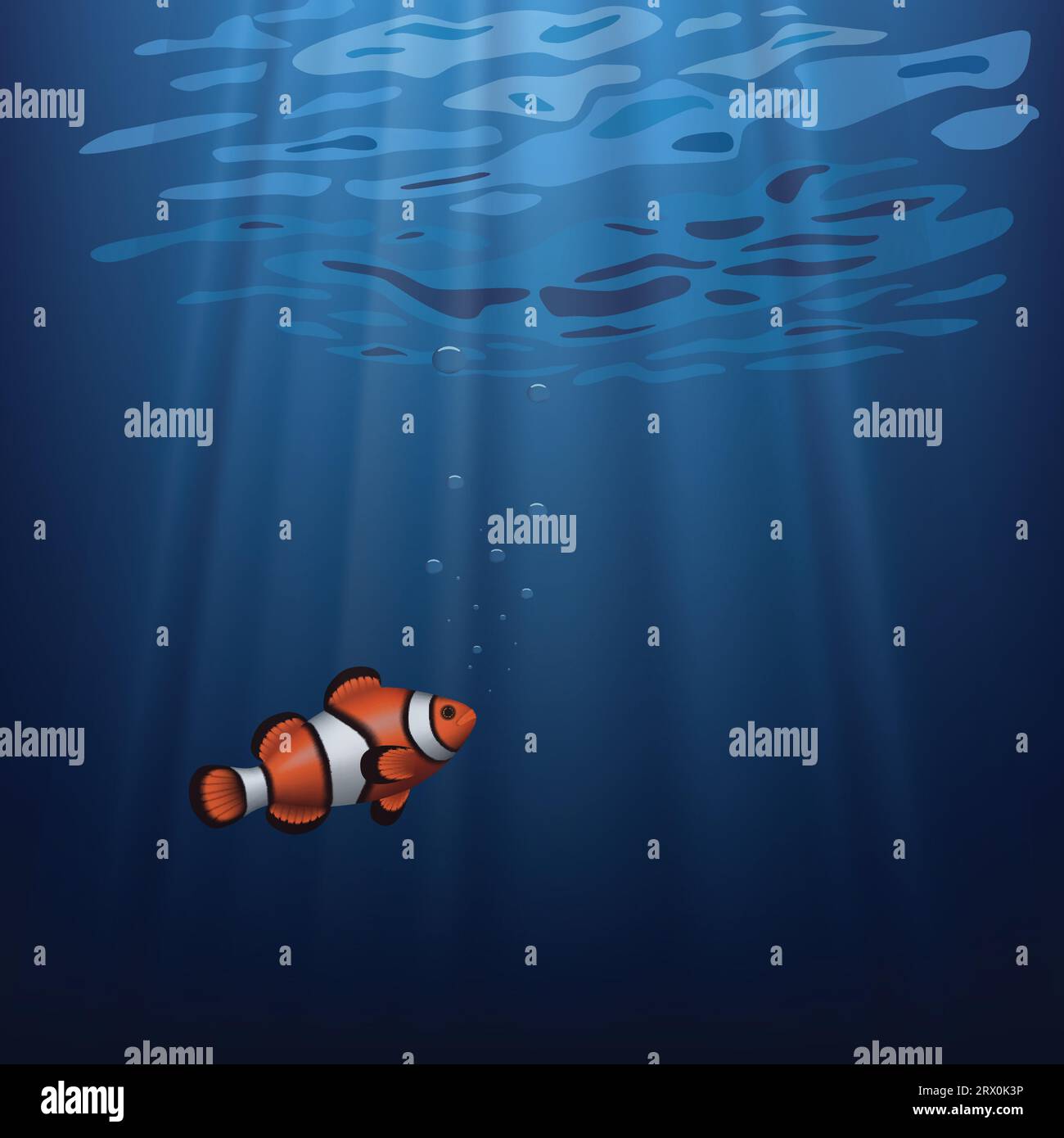 Illustrazione vettoriale stratificata di un Clownfish sott'acqua con sunbeam. Illustrazione Vettoriale