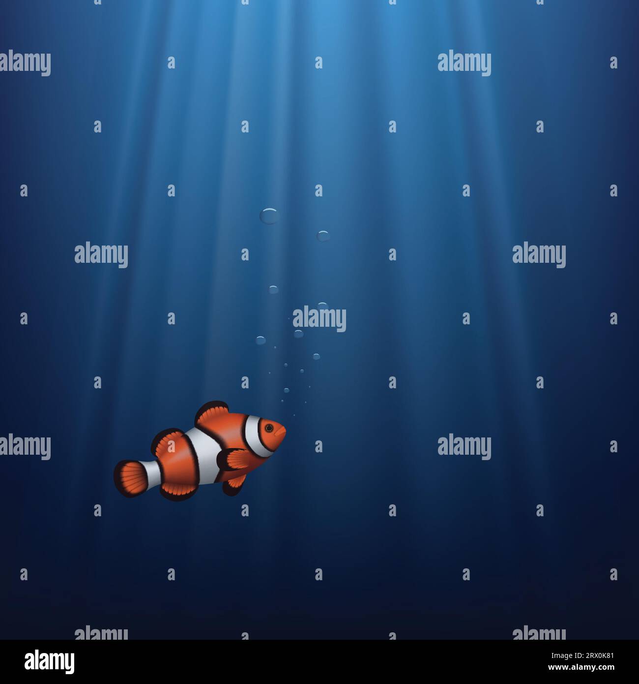 Illustrazione vettoriale stratificata di un Clownfish sott'acqua con sunbeam. Illustrazione Vettoriale