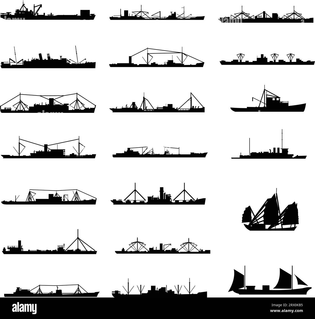 Illustrazione vettoriale di 20 diversi tipi di nave da carico. Illustrazione Vettoriale