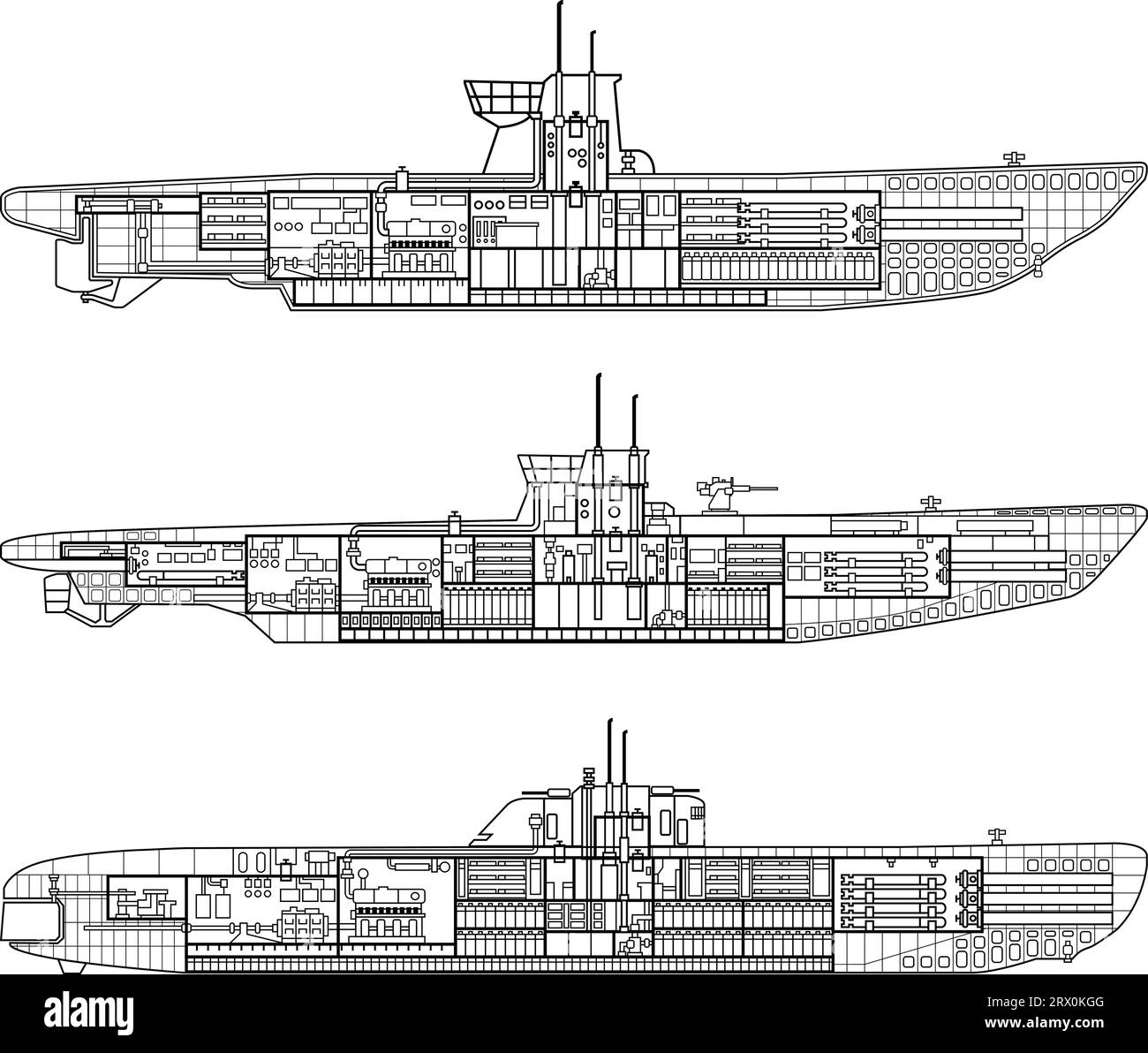 Illustrazione vettoriale di 3 tipi di sottomarini tedeschi di tipo U. Illustrazione Vettoriale
