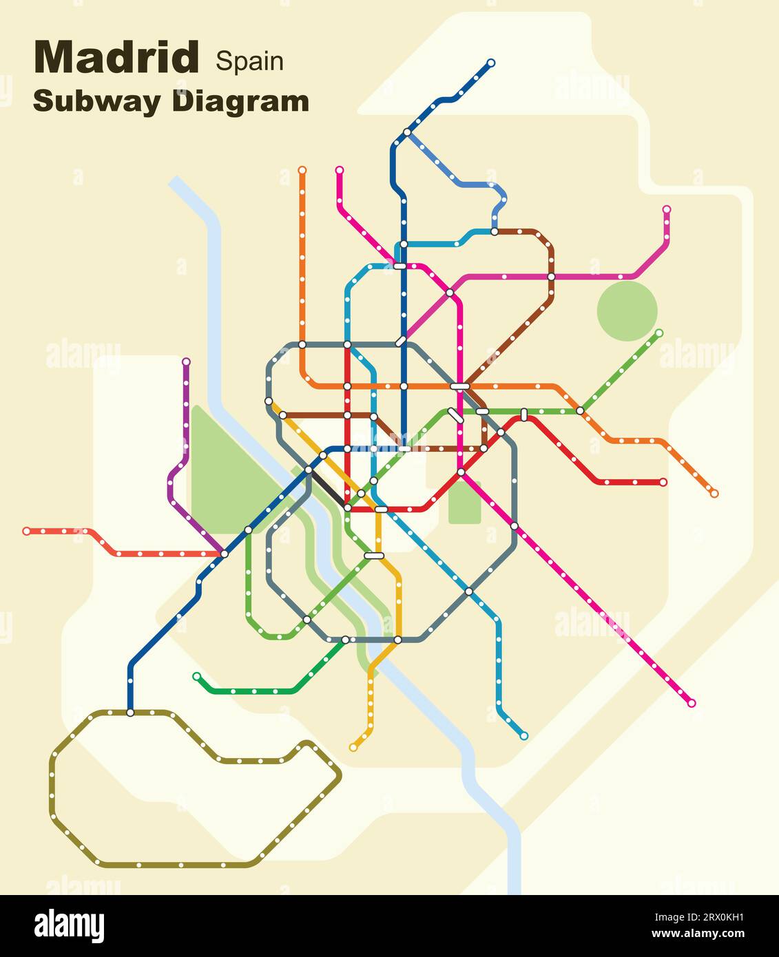 Illustrazione vettoriale modificabile a più livelli del diagramma della metropolitana di Madrid, Spagna. Illustrazione Vettoriale