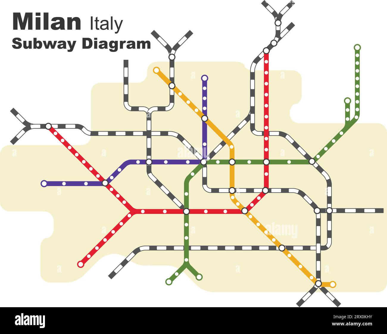 Illustrazione vettoriale modificabile a più livelli del diagramma della metropolitana di Milano, Italia. Illustrazione Vettoriale