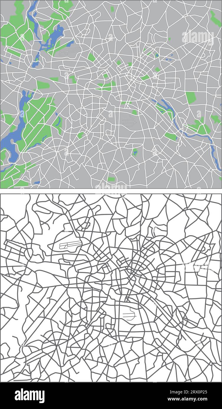 Mappa vettoriale a più livelli modificabile di Berlino, Germania, che contiene linee e forme colorate per terre, strade, fiumi e parchi. Illustrazione Vettoriale