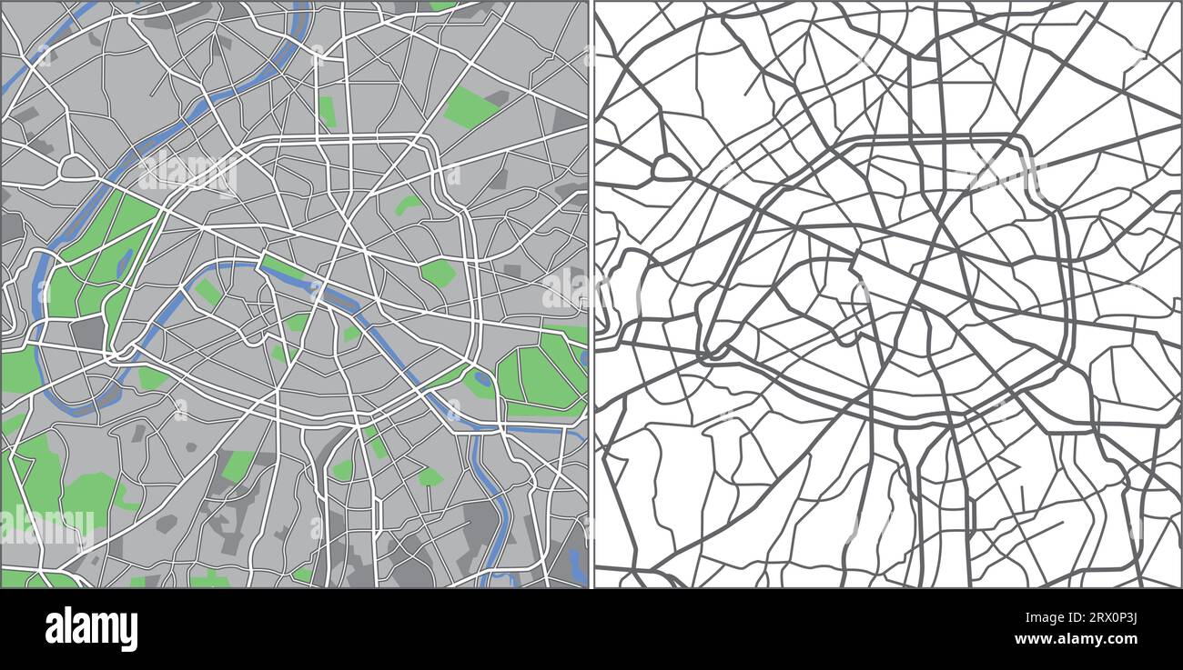 Mappa vettoriale a più livelli modificabile di Parigi, Francia, che contiene linee e forme colorate per terre, strade, fiumi e parchi. Illustrazione Vettoriale