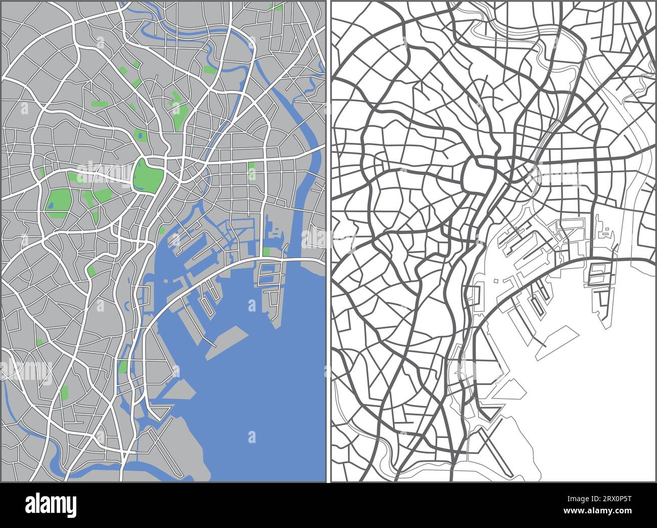 Mappa vettoriale a più livelli modificabile di Tokyo, Giappone, che contiene linee e forme colorate per terre, strade, fiumi e parchi. Illustrazione Vettoriale
