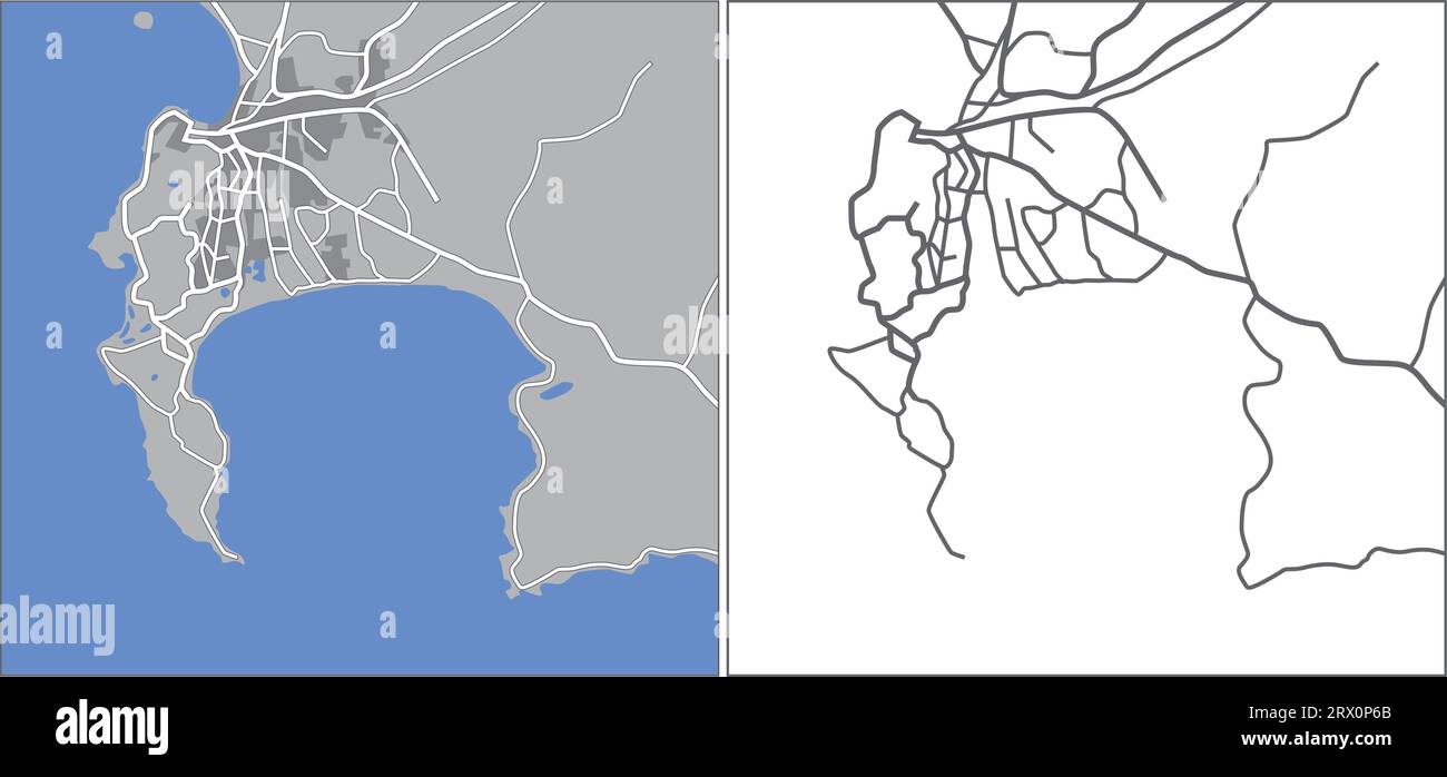 Mappa vettoriale a più livelli modificabile di Capetown, Sudafrica, che contiene linee e forme colorate per terre, strade, fiumi e parchi. Illustrazione Vettoriale