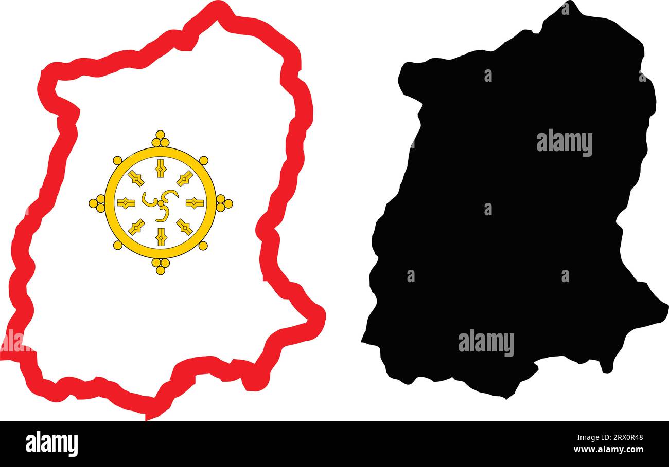 Illustrazione vettoriale modificabile a livelli mappa del paese di Sikkim, che contiene due versioni, versione colorata bandiera del paese e versione con silhouette nera. Illustrazione Vettoriale