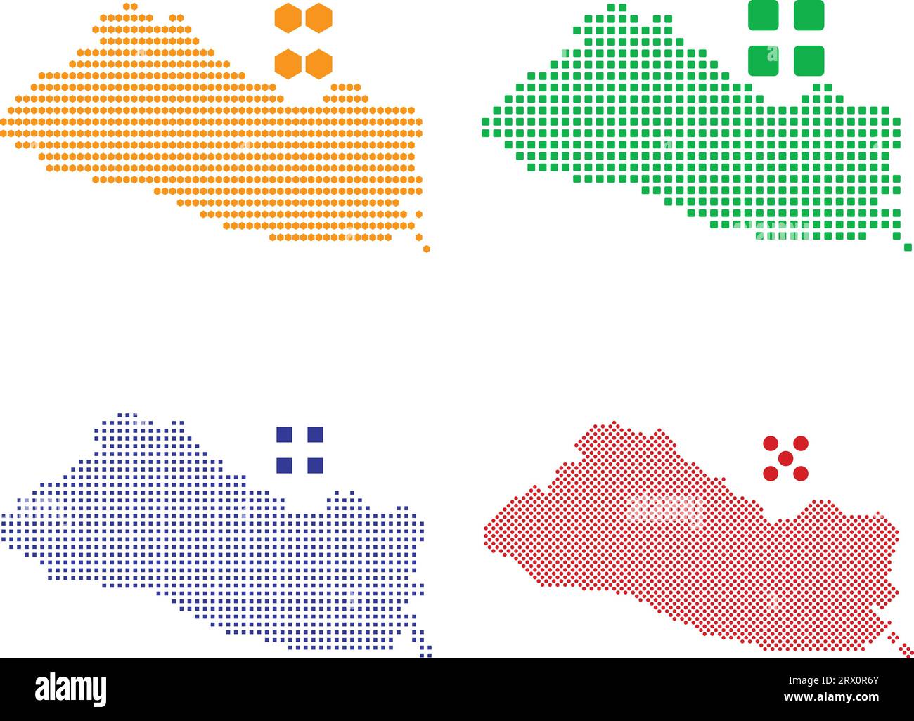 Illustrazione vettoriale modificabile a livelli mappa del paese di El Salvador, che contiene quattro versioni pixel efferenti, può essere utilizzata come sfondo o materiale. Illustrazione Vettoriale