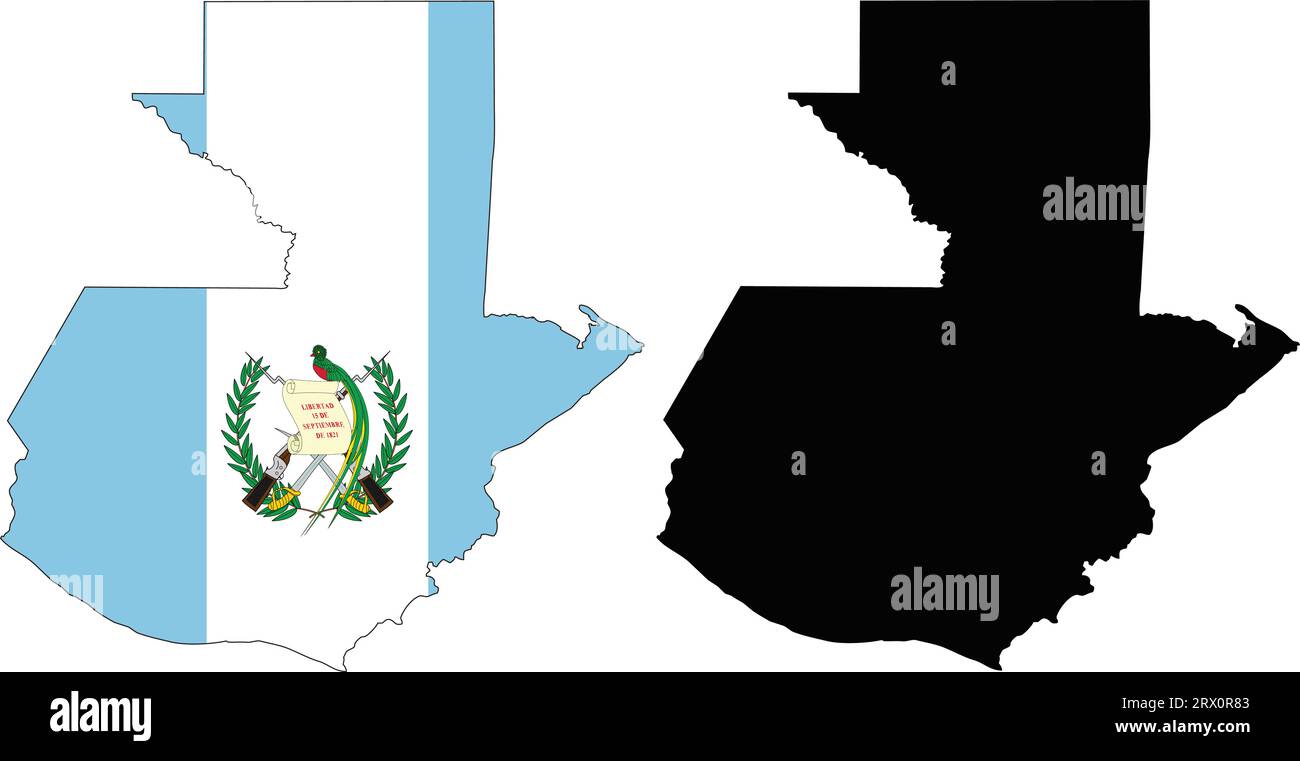 Illustrazione vettoriale a livelli modificabile mappa del paese del Guatemala, che contiene due versioni, versione bandiera colorata del paese e versione silhouette nera. Illustrazione Vettoriale