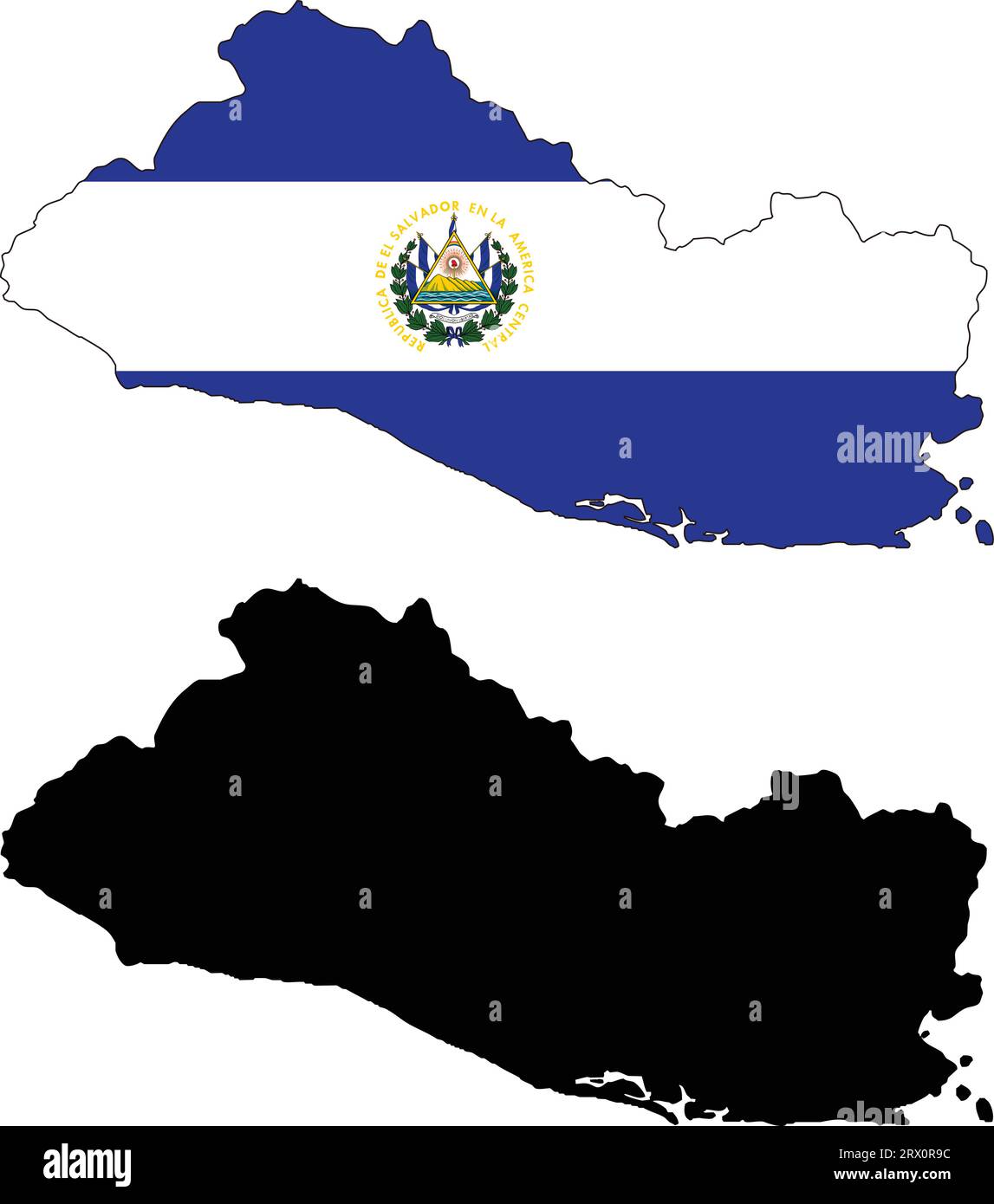Illustrazione vettoriale a più livelli e modificabile mappa del paese di El Salvador, che contiene due versioni, colorata versione bandiera del paese e silhouette versio nera Illustrazione Vettoriale