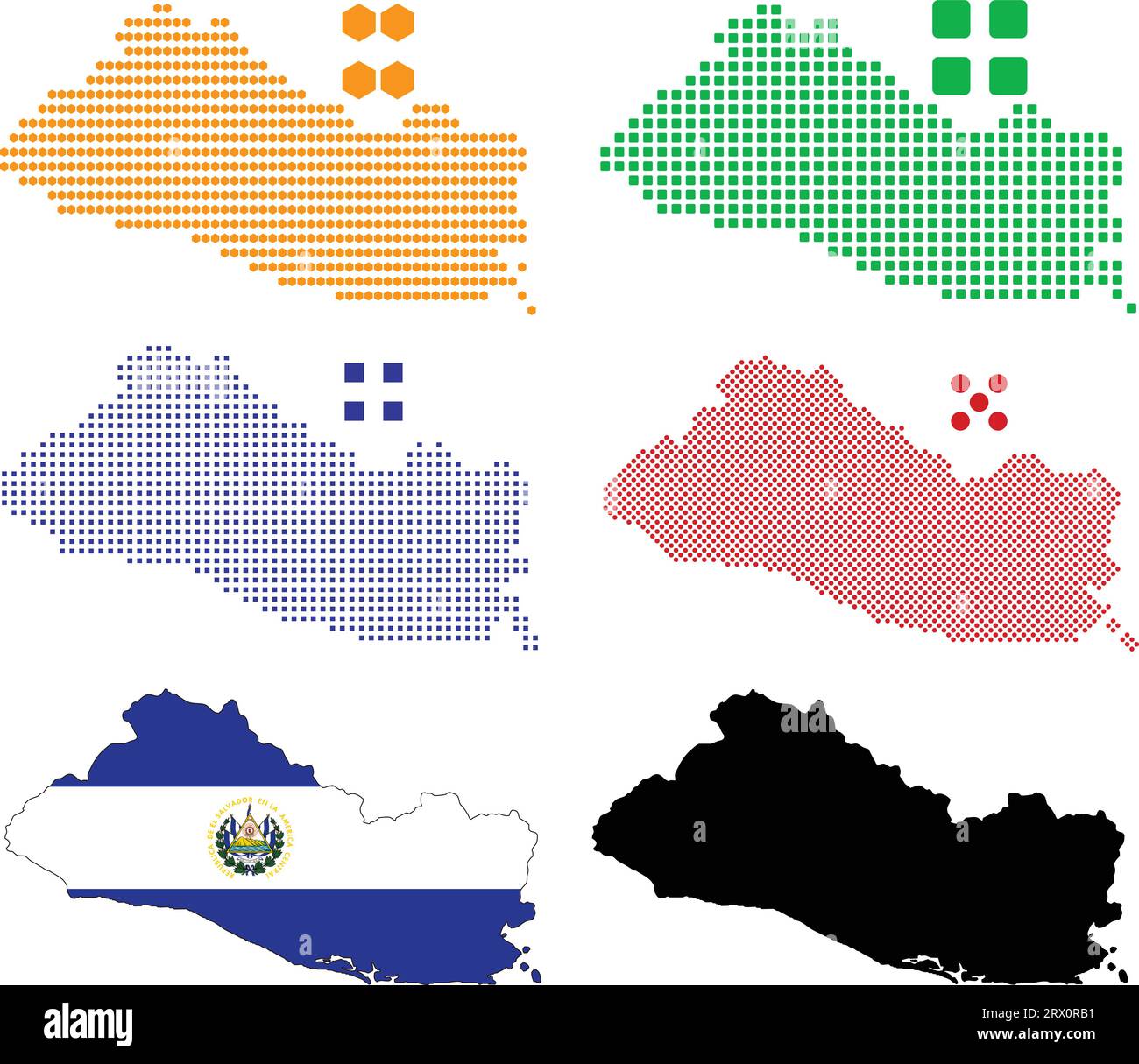 Illustrazione vettoriale modificabile a livelli mappa del paese di El Salvador, che contiene la colorata versione della bandiera del paese, la versione della silhouette nera e il defferent pi Illustrazione Vettoriale