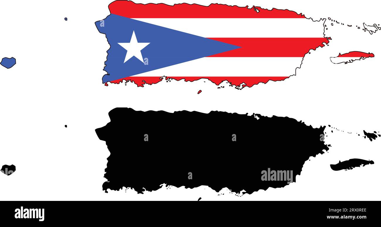 Illustrazione vettoriale a più livelli e modificabile mappa del paese di Porto Rico, che contiene due versioni, colorata versione bandiera del paese e silhouette versio nera Illustrazione Vettoriale
