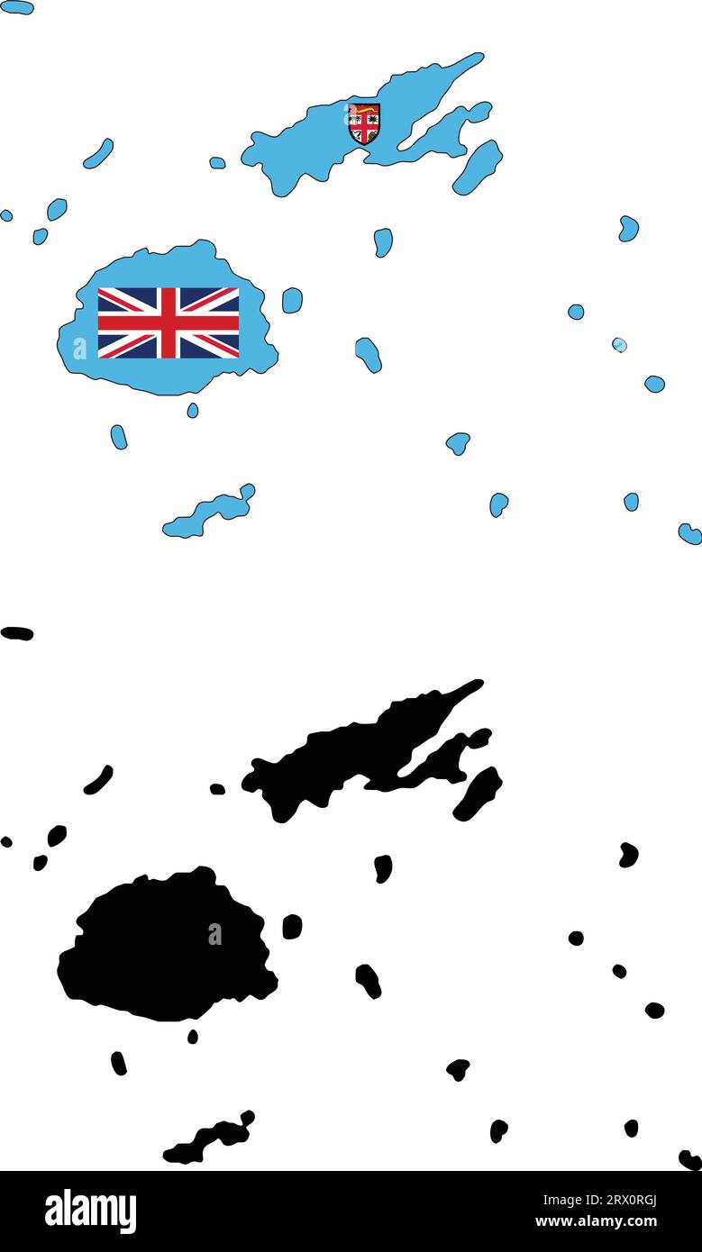 Illustrazione vettoriale a più livelli e modificabile mappa del paese delle Figi, che contiene due versioni, colorata versione bandiera del paese e versione silhouette nera. Illustrazione Vettoriale
