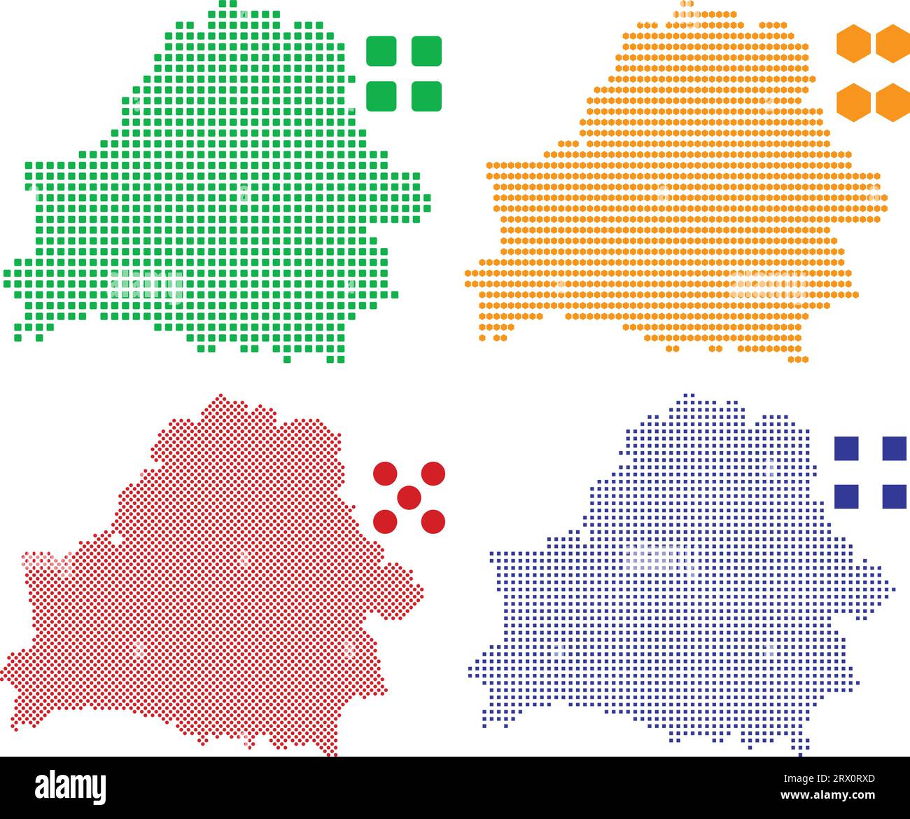 Illustrazione vettoriale modificabile a livelli mappa del paese della Bielorussia, che contiene quattro versioni pixel efferenti, può essere utilizzata come sfondo o materiale. Illustrazione Vettoriale