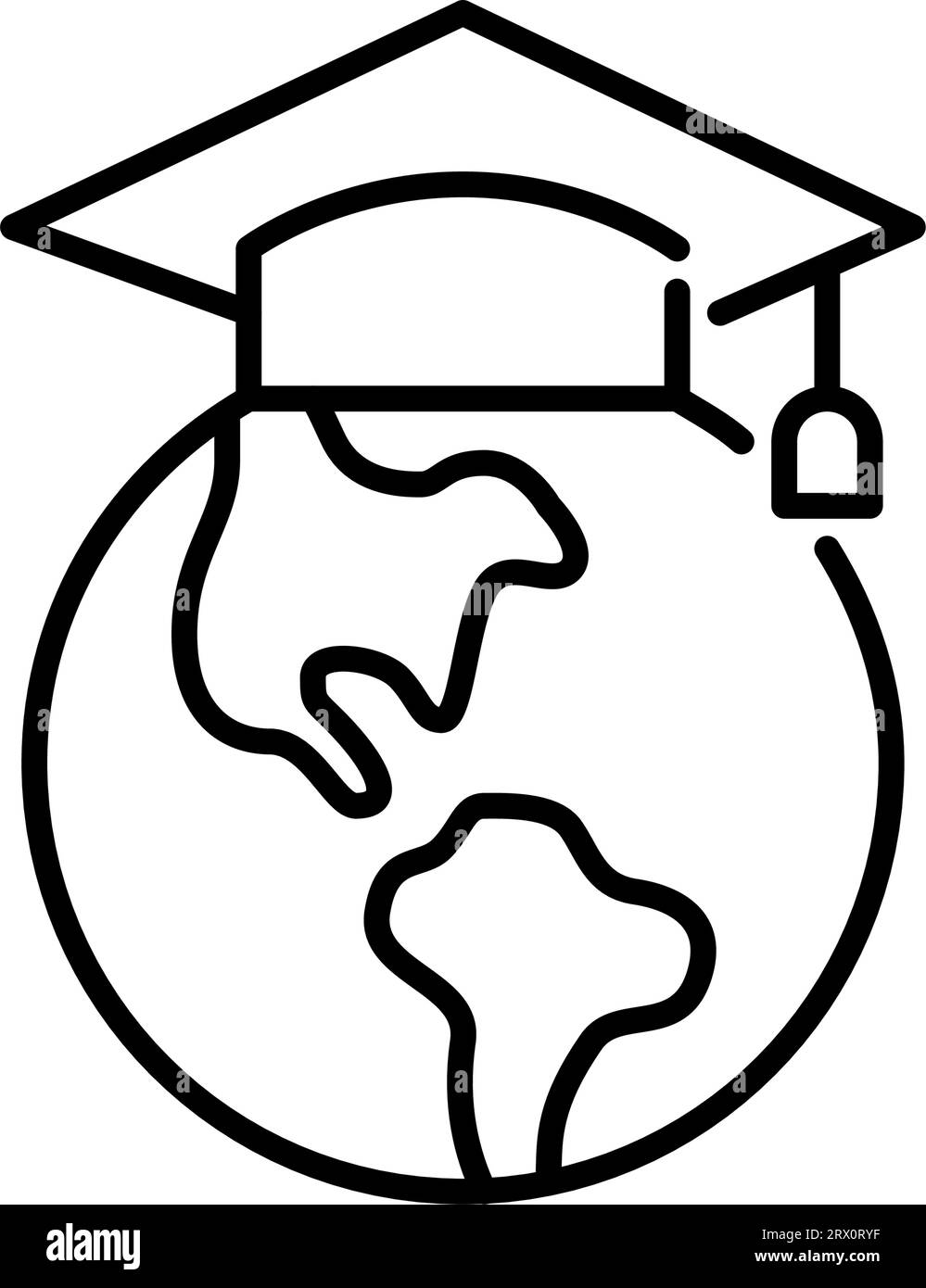Mortarboard sul globo terrestre. Cappello da graduazione. Laurea internazionale. Pixel Perfect, tratto modificabile Illustrazione Vettoriale