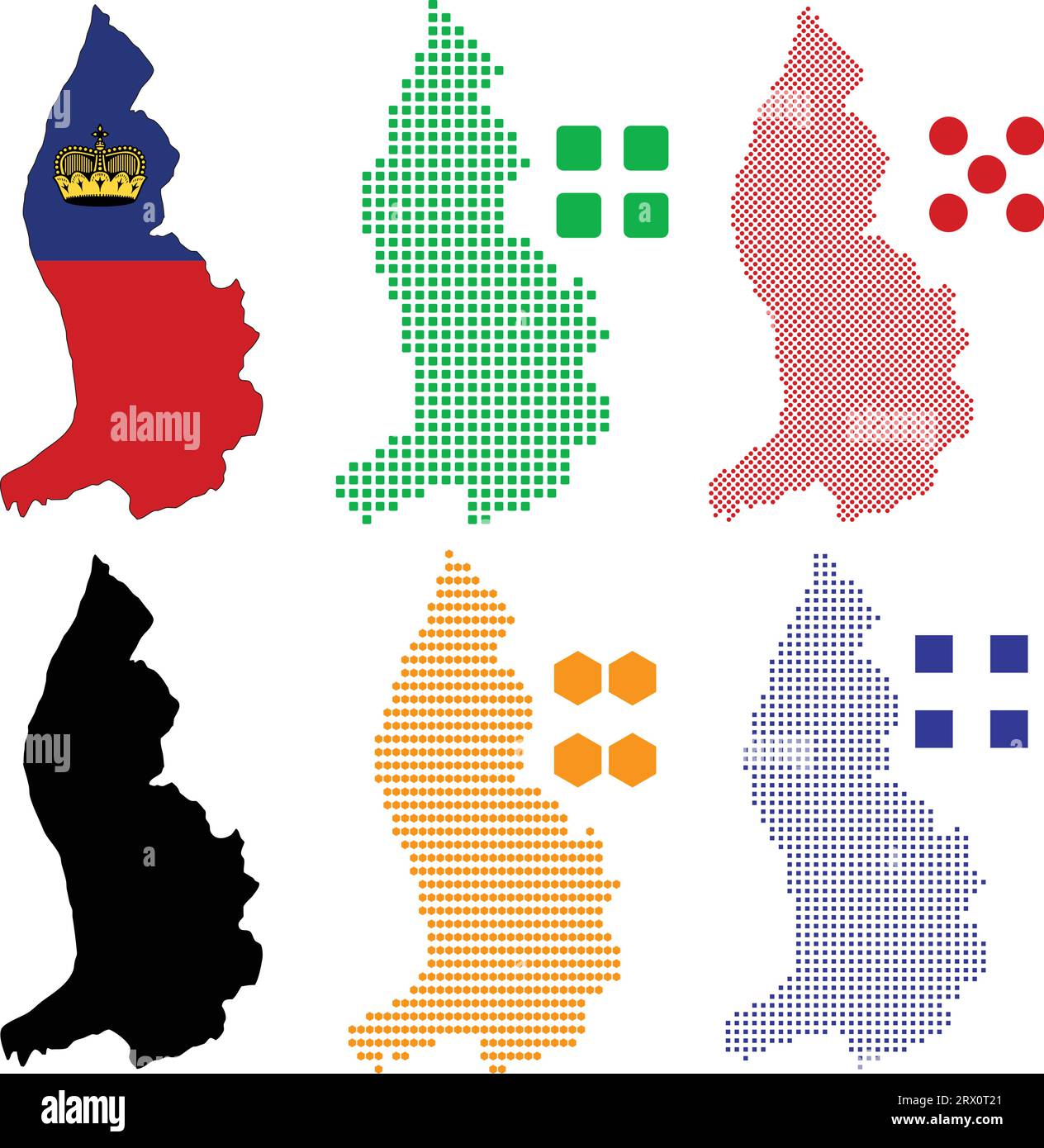 Illustrazione vettoriale modificabile a livelli mappa del Liechtenstein, che contiene colorata versione bandiera del paese, versione silhouette nera e defferent Illustrazione Vettoriale