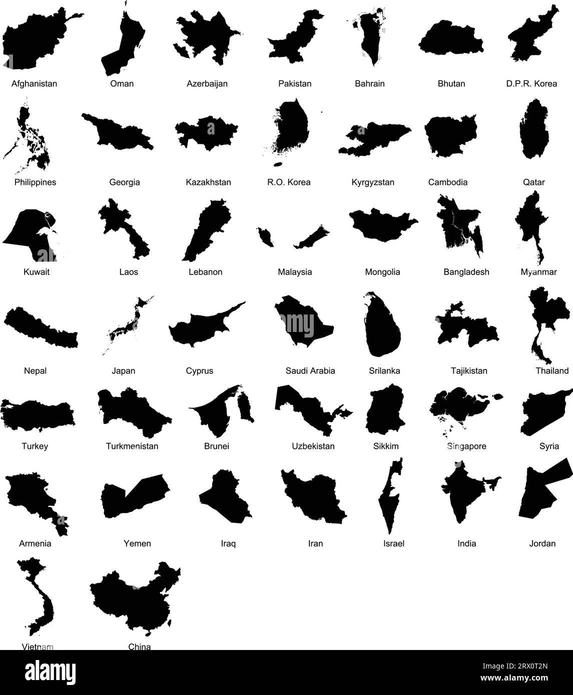 Illustrazione vettoriale modificabile a strati silhouette mappa del paese di 44 paesi asiatici. Illustrazione Vettoriale