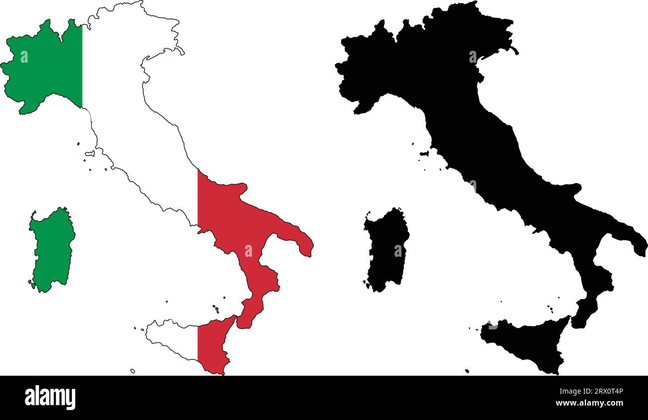 Illustrazione vettoriale a più livelli e modificabile, mappa nazionale dell'Italia, che contiene due versioni, colorata bandiera del paese e silhouette nera. Illustrazione Vettoriale