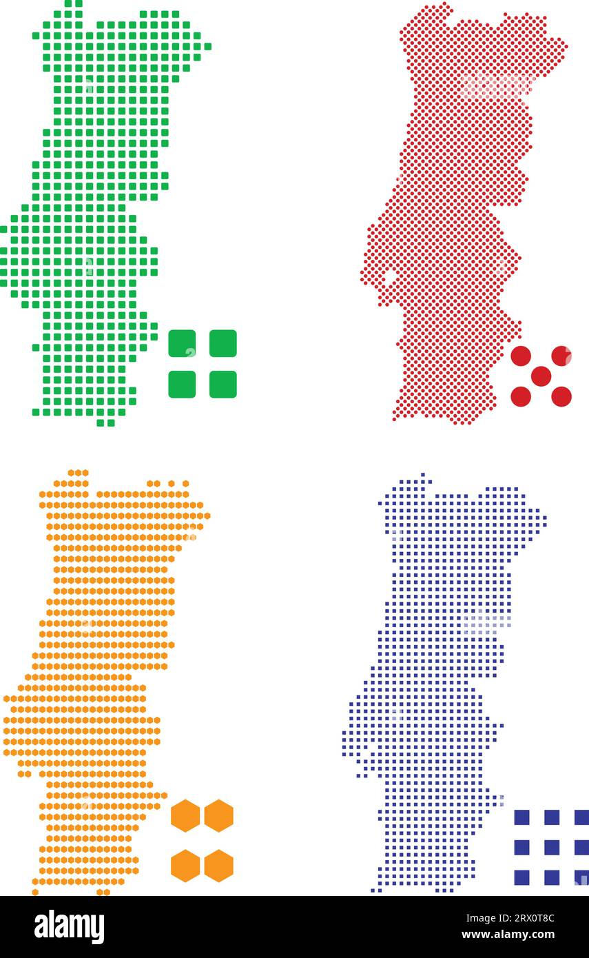 La mappa del paese del Portogallo, che contiene quattro versioni pixel efferenti, può essere utilizzata come sfondo o materiale. Illustrazione Vettoriale