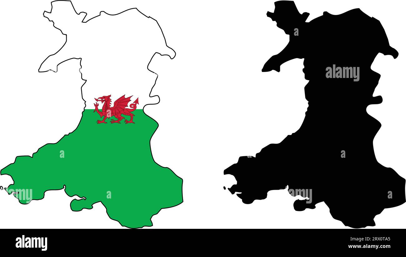 Illustrazione vettoriale a più livelli e modificabile mappa del Galles, che contiene due versioni, colorata versione bandiera del paese e versione silhouette nera. Illustrazione Vettoriale