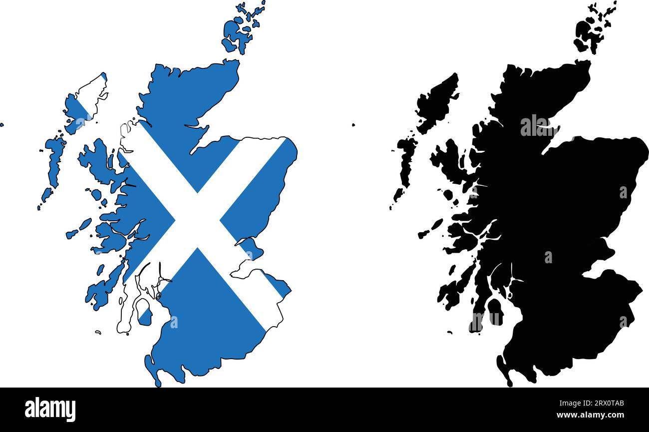 Illustrazione vettoriale a più livelli e modificabile, mappa nazionale della Scozia, che contiene due versioni, colorata bandiera nazionale e silhouette nera. Illustrazione Vettoriale
