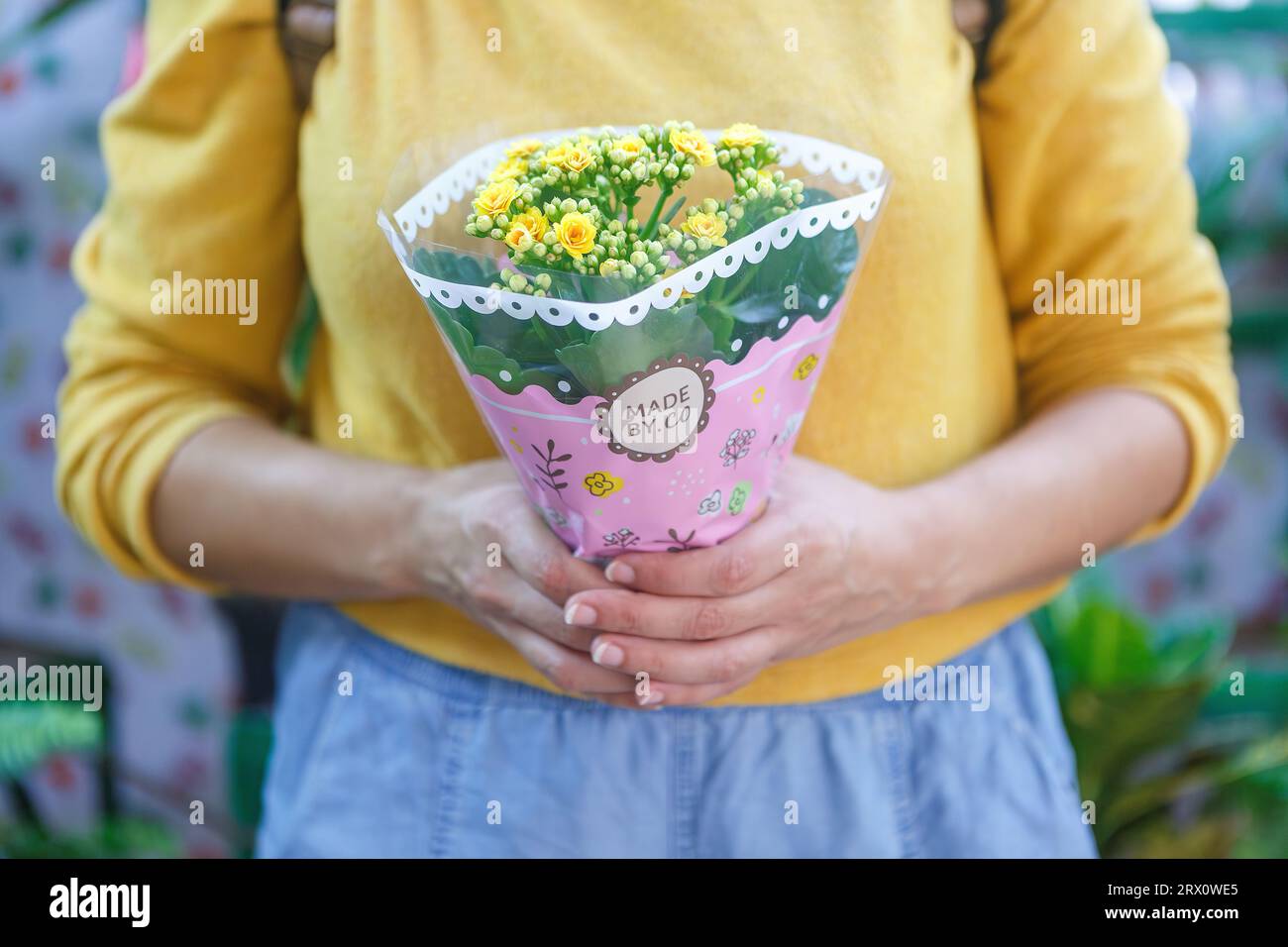 Primo piano di una donna irriconoscibile con un maglione giallo che regge un bouquet di fiori gialli Foto Stock