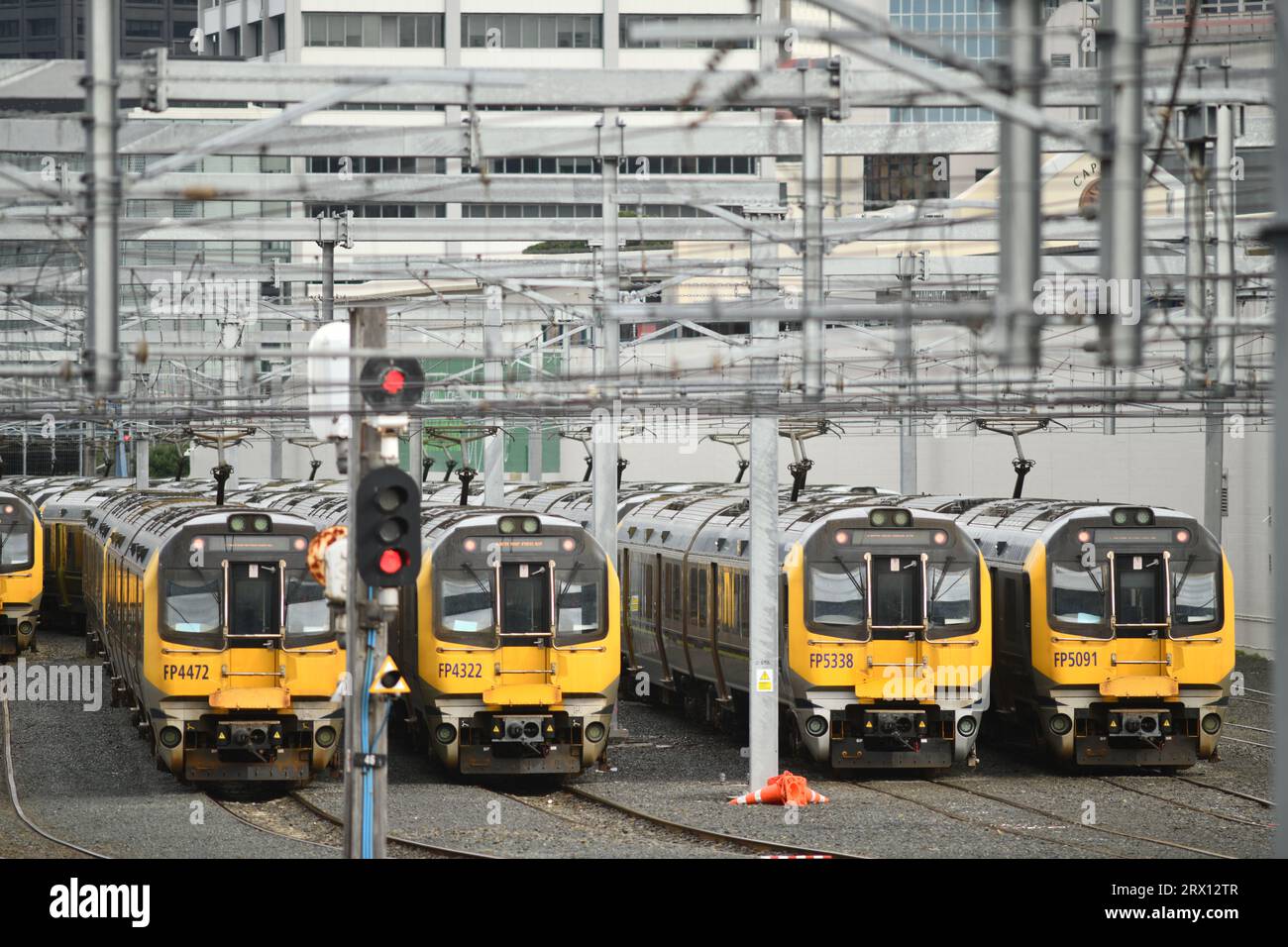 WELLINGTON, NUOVA ZELANDA, 17 MAGGIO 2023: I treni Metlink sono in linea presso il deposito di Wellington Foto Stock