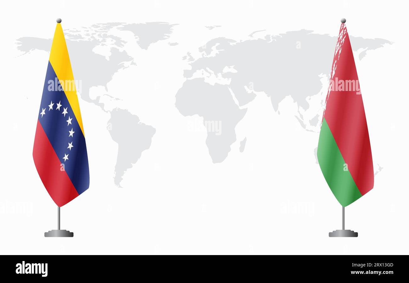 Bandiere venezuelane e bielorusse per un incontro ufficiale sullo sfondo della mappa mondiale. Illustrazione Vettoriale