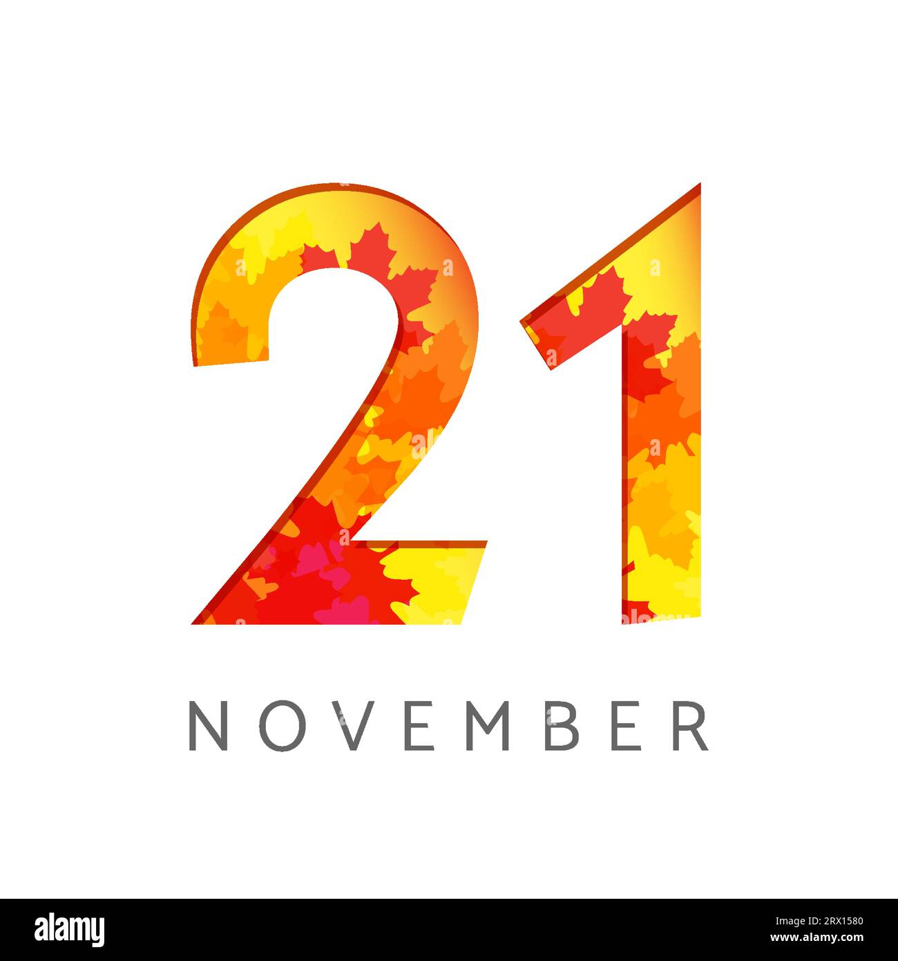 Logo del numero di calendario del 21 novembre. Concetto di insegna autunnale. Planner o modello di banner. simbolo 1 e 2. Icona creativa con foglie autunnali. Emblema stagionale Illustrazione Vettoriale