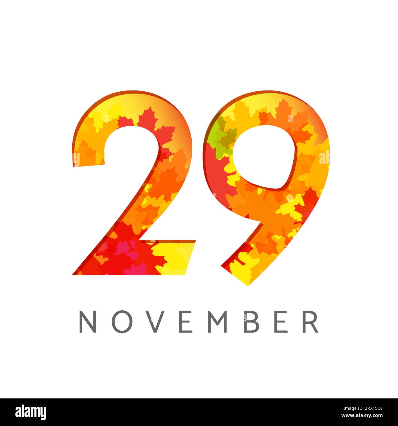 Numeri di calendario del 29 novembre. logotipo autunnale di 29 anni. Cifre dell'anniversario con foglie. Modello di progettazione grafica astratta isolato. Bianco bg Illustrazione Vettoriale