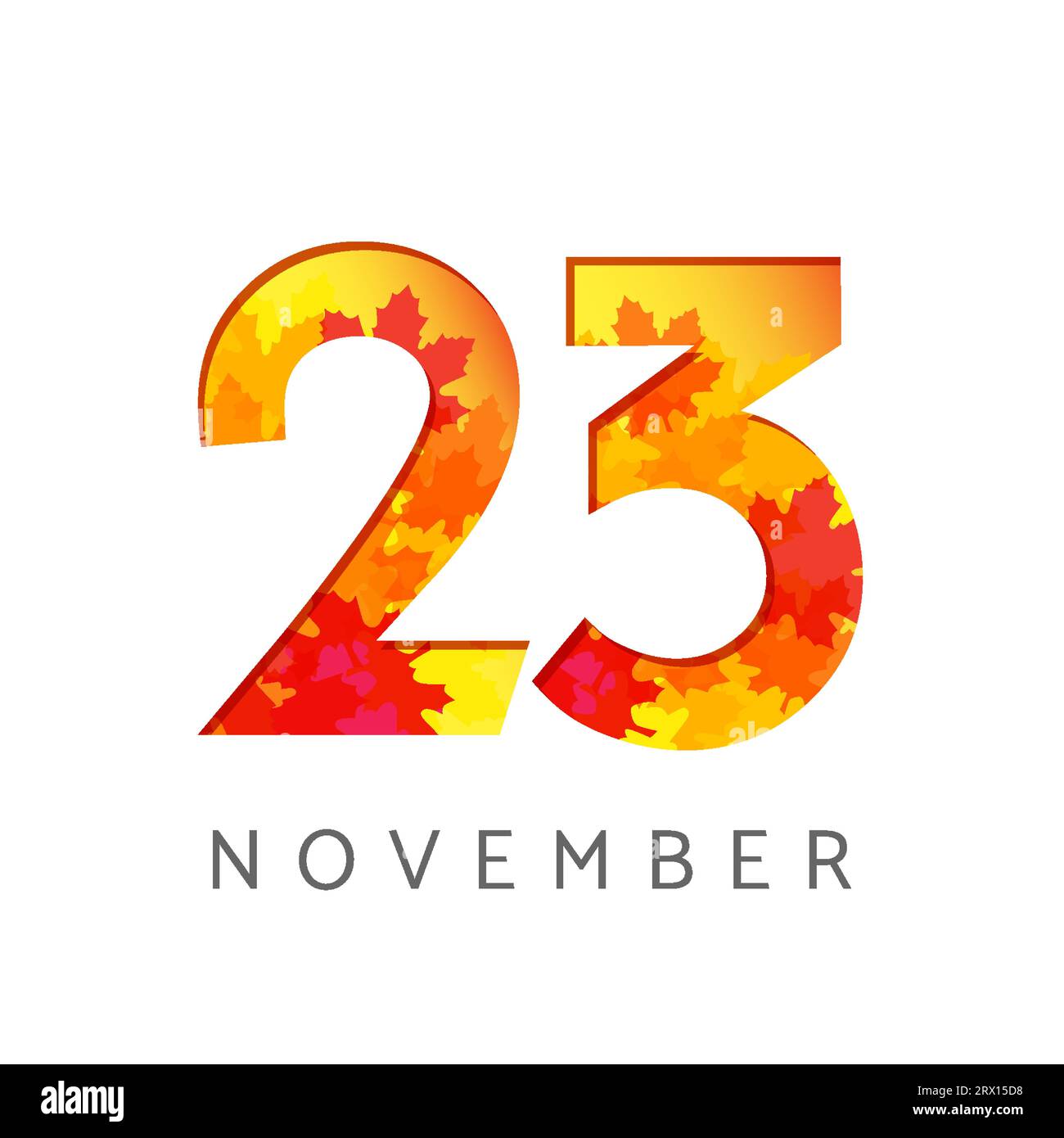 Logo del numero di calendario del 23 novembre. Concetto di insegna autunnale. Planner o modello di banner. simbolo 2 e 3. Icona creativa con foglie autunnali. Emblema stagionale Illustrazione Vettoriale