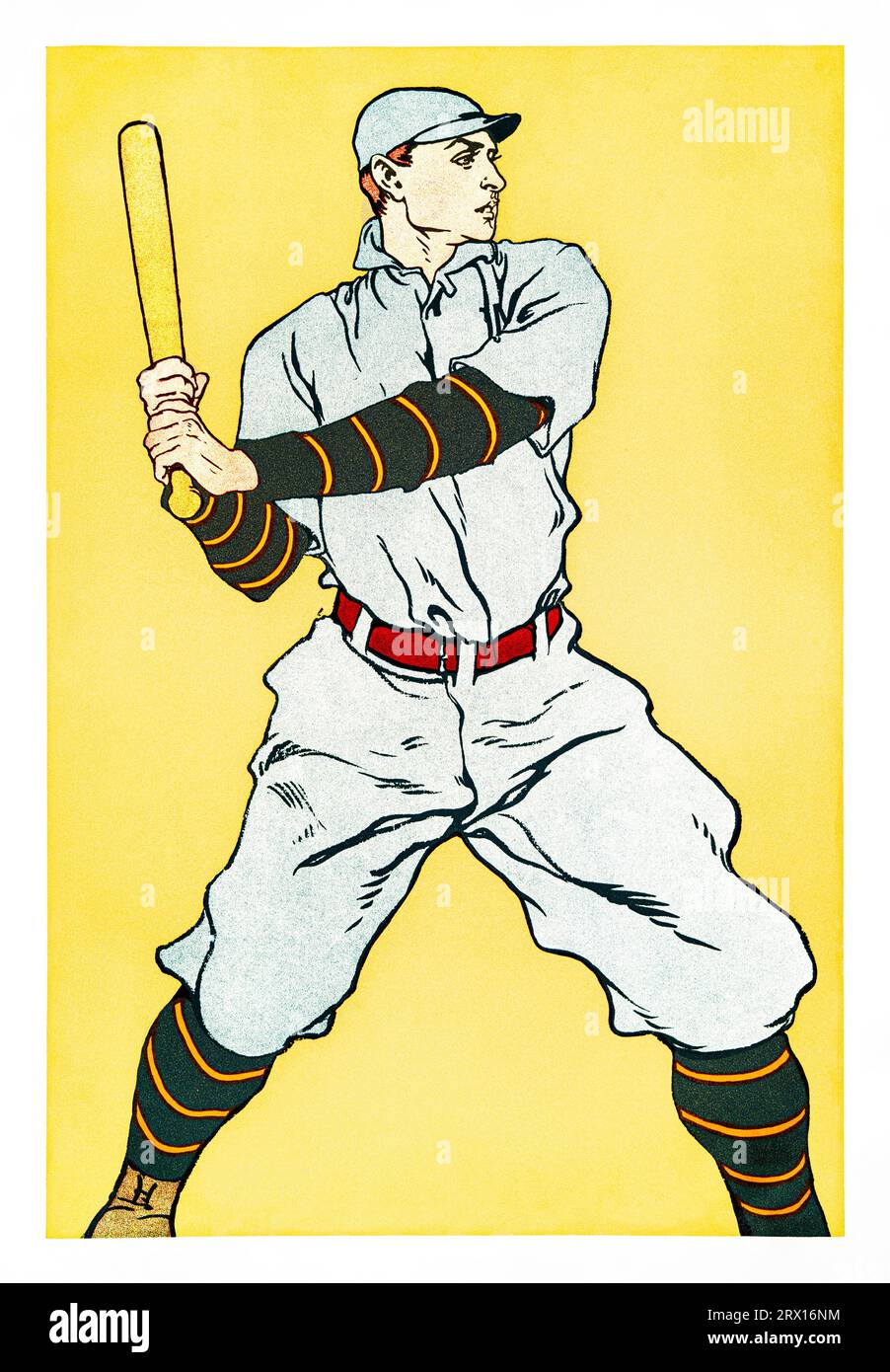 Disegno vintage di un giocatore di baseball che tiene un'impronta di pipistrello ad alta risoluzione di Edward Penfield. Originale della New York Public Library. Foto Stock