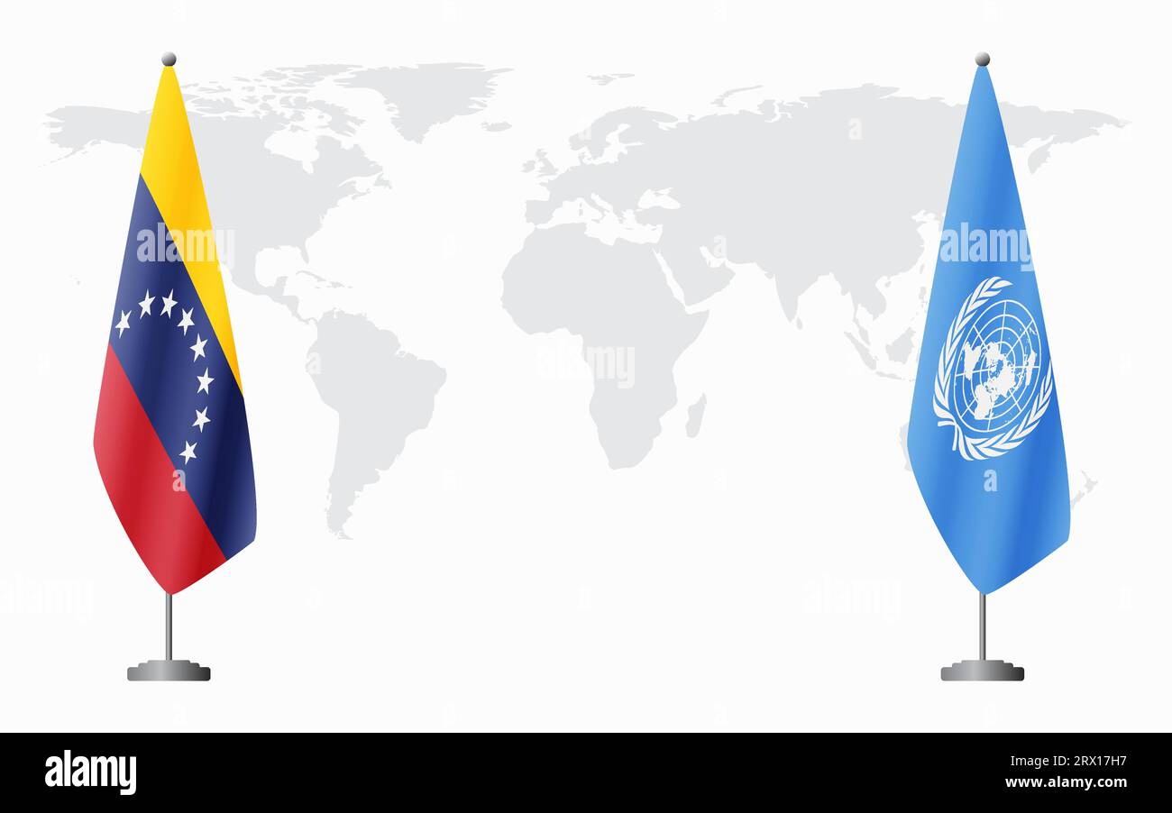 Venezuela e Nazioni Unite bandiere per un incontro ufficiale sullo sfondo della mappa mondiale. Illustrazione Vettoriale