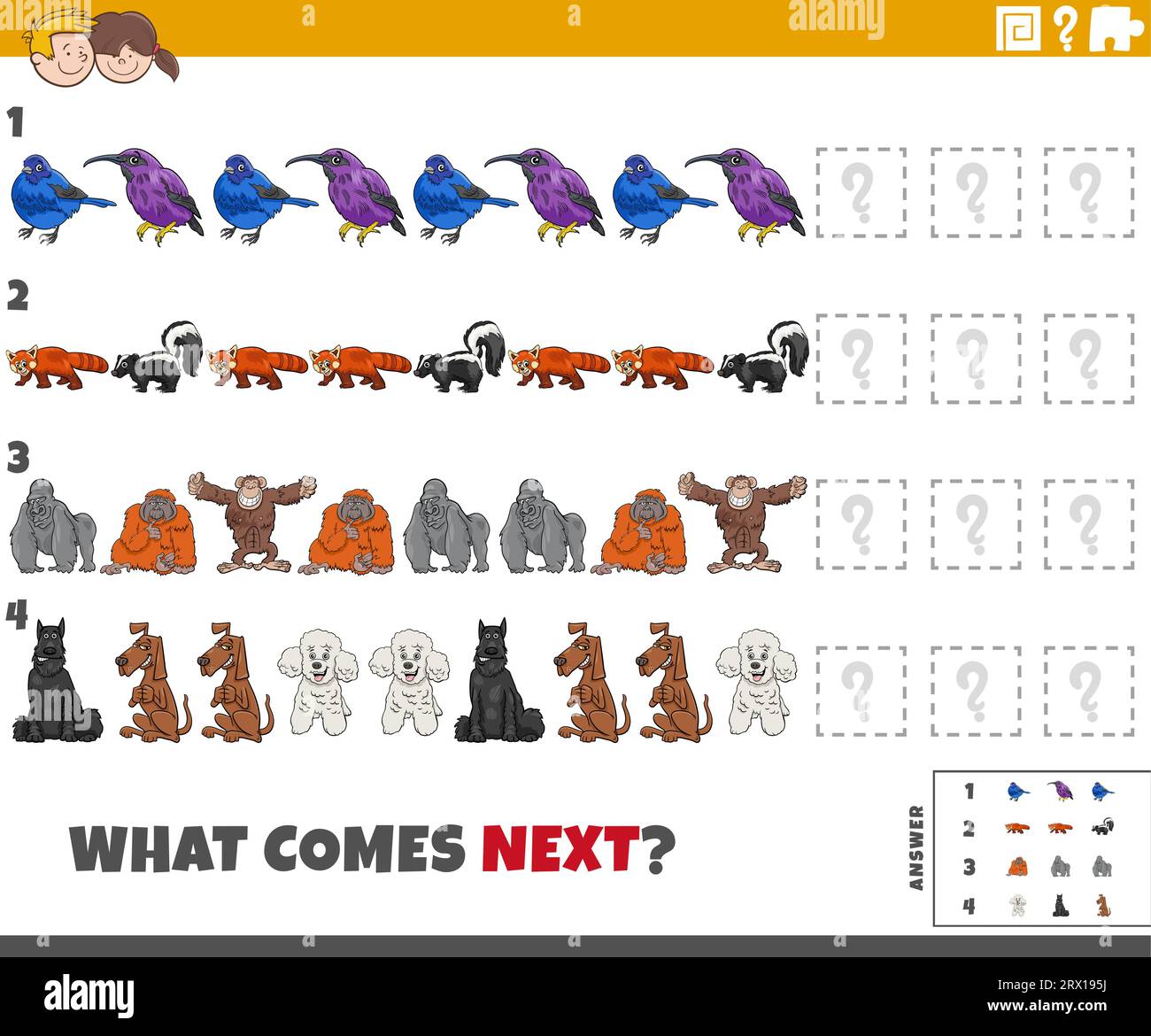 Illustrazione a cartoni animati che illustra il completamento dell'attività educativa del modello per bambini con personaggi animali Illustrazione Vettoriale