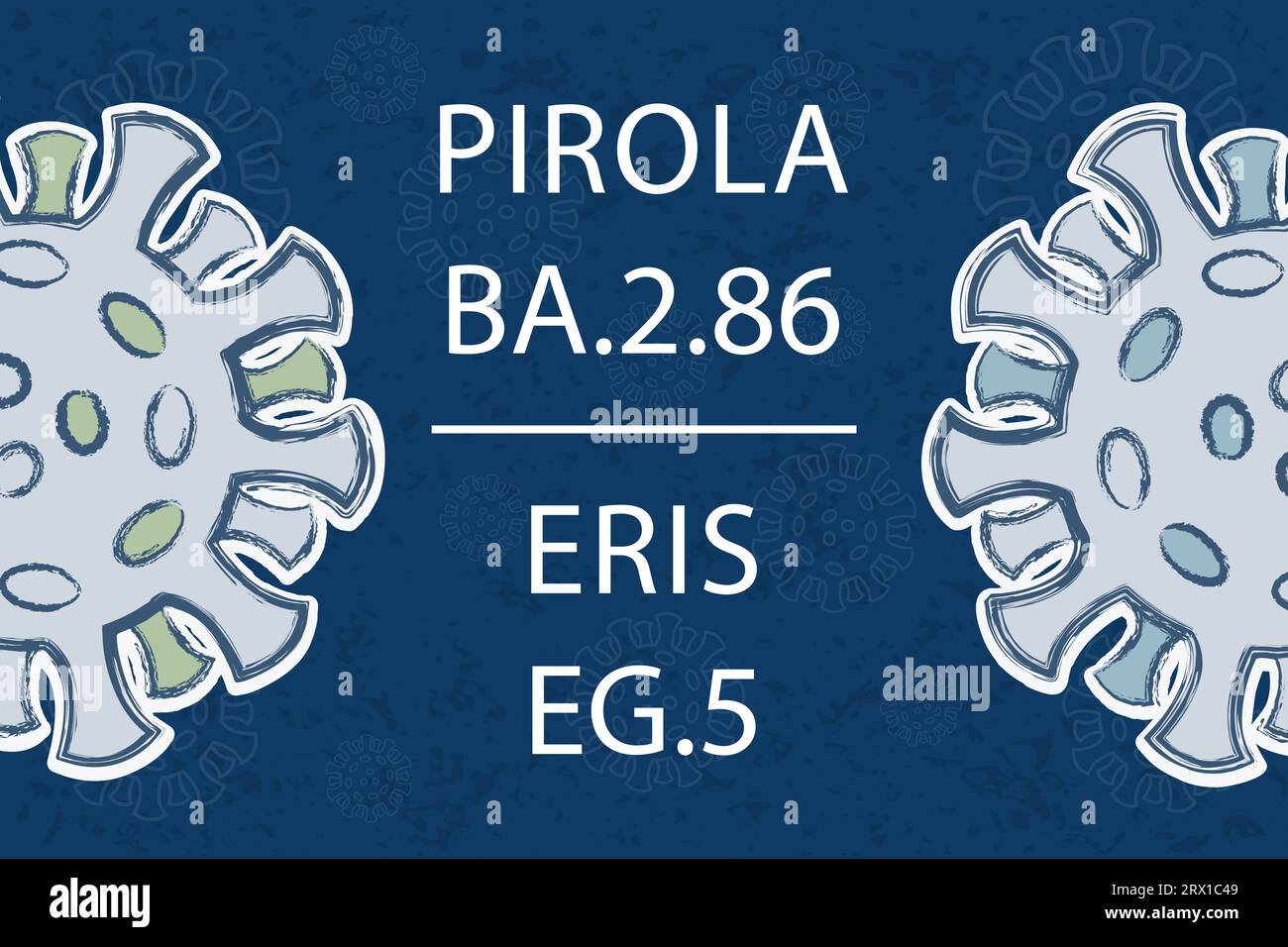 Nuove varianti di Omicron Pirola BA.2,86 ed Eris EG.5. Testo bianco su sfondo blu scuro. Diversi colori delle proteine Spike Illustrazione Vettoriale