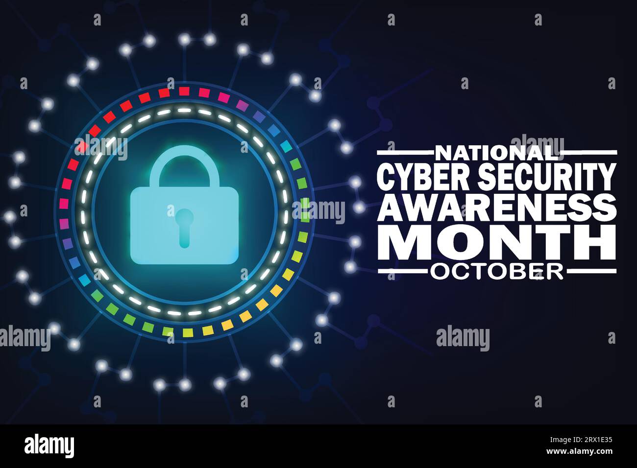 Mese nazionale di sensibilizzazione sulla sicurezza informatica ottobre. Si celebra ogni anno in ottobre. Modello per sfondo, banner, scheda, poster con testo Illustrazione Vettoriale