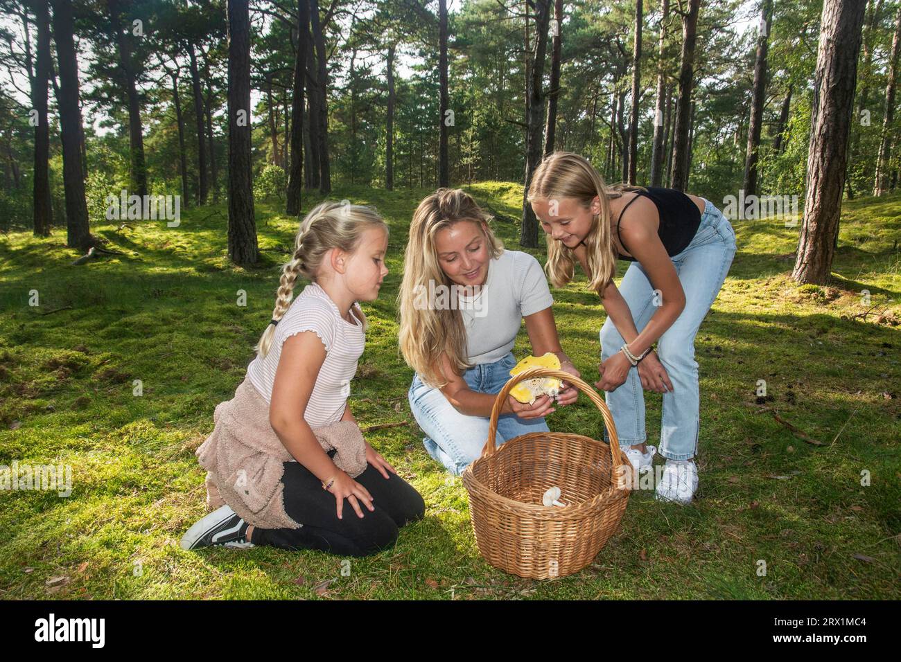 Donna bionda con due ragazze, 7 e 10 anni, alla ricerca di funghi nella foresta di Ystad, Scania, Svezia, Scandinavia Foto Stock