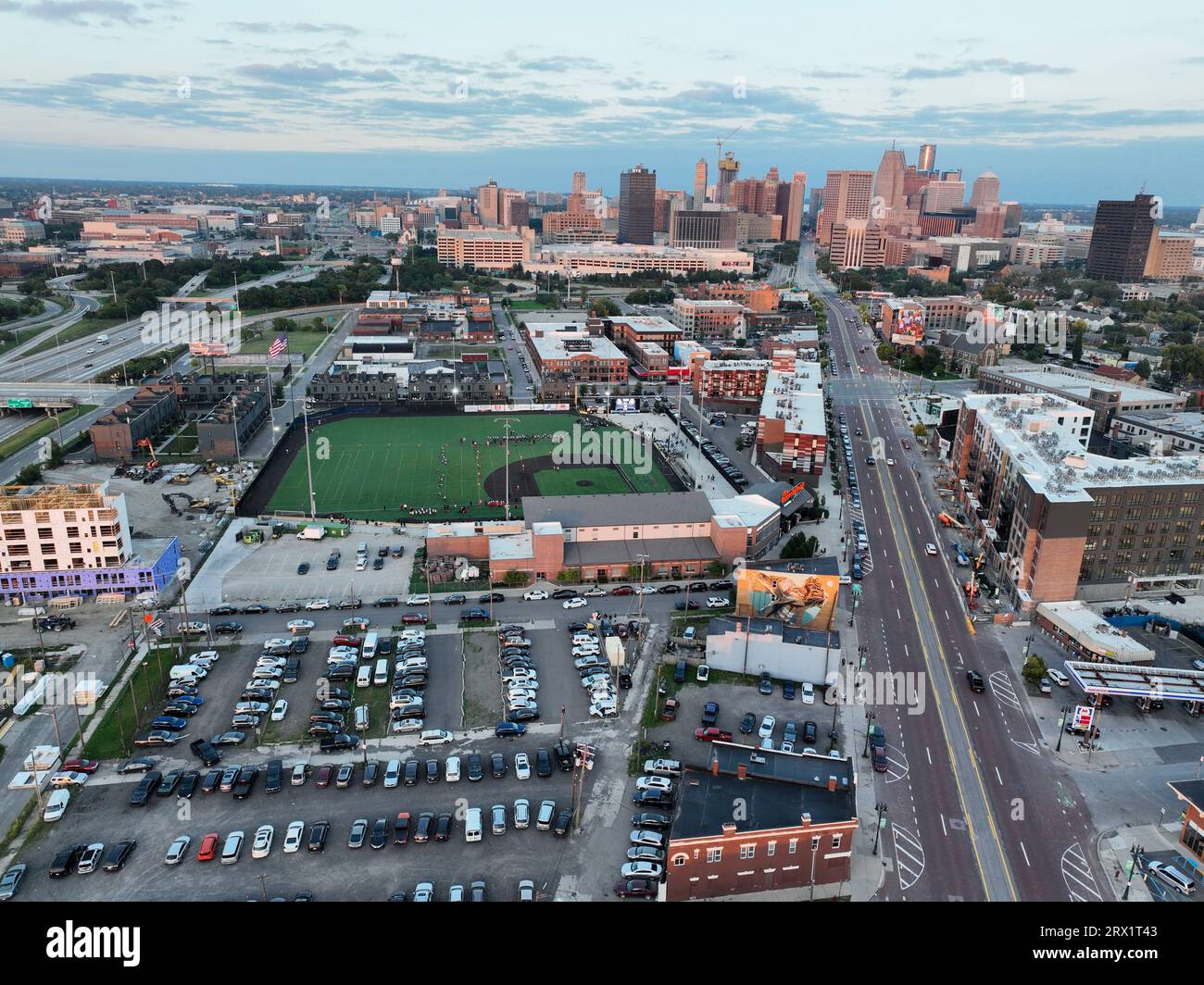 Una vista aerea del paesaggio urbano di Detroit, Michigan, Stati Uniti Foto Stock