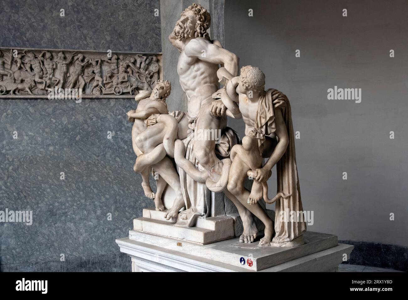 Vista da metà a destra sul gruppo Lacoon, scultura storica in marmo dell'antico scultore Laocoon, gruppo di sacerdoti Laocoon Foto Stock