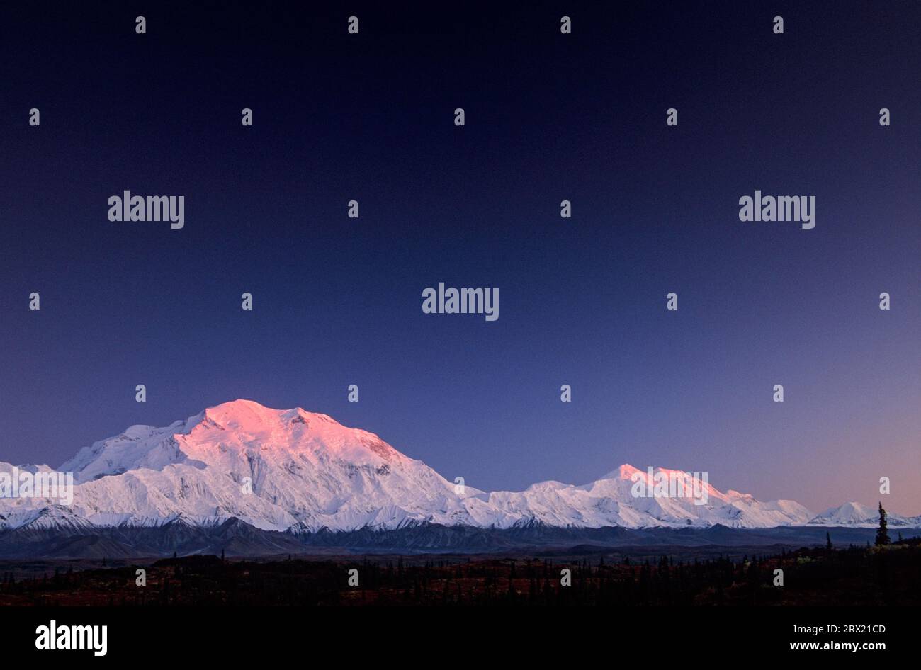 Denali e Mount Foraker con alpenglow, Denali National Park, Alaska Foto Stock