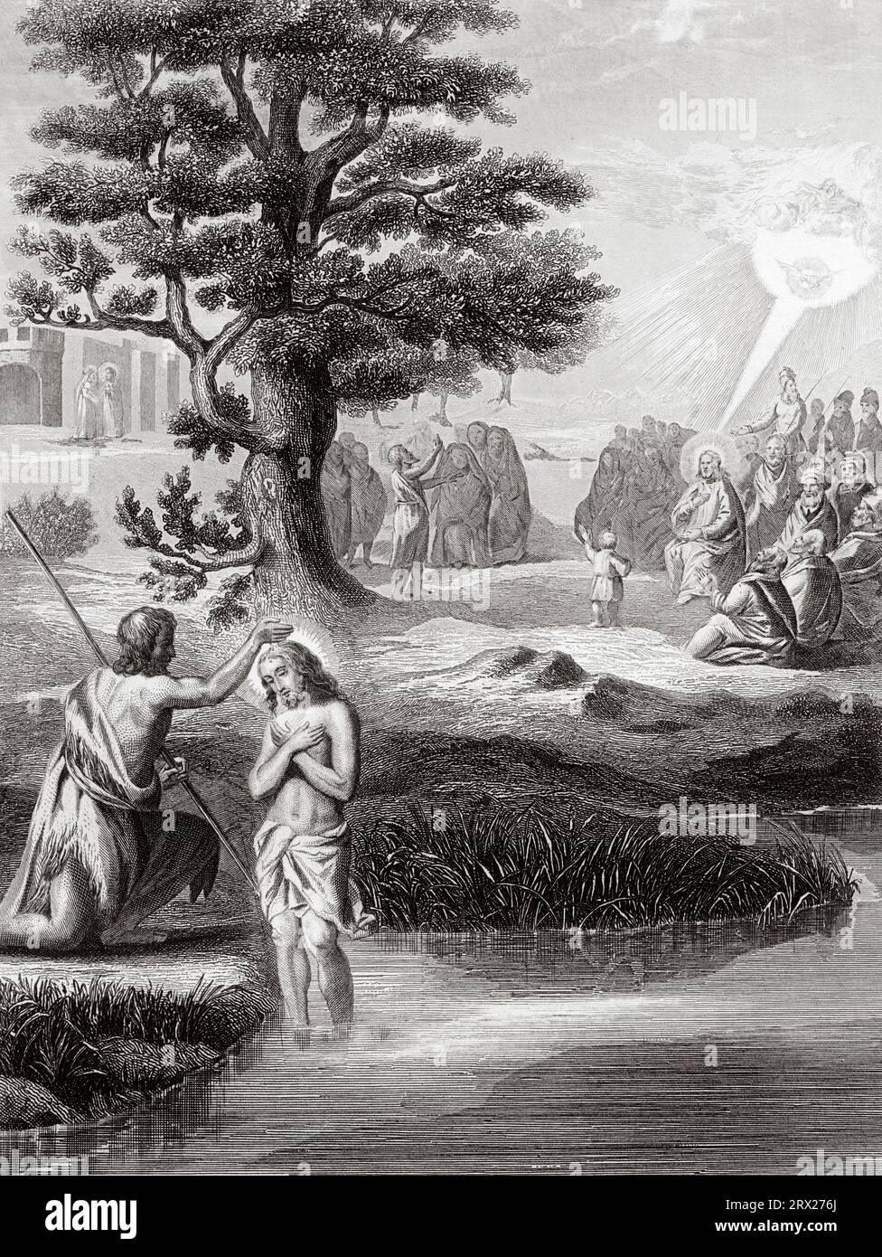 Gesù è battezzato sulle rive del fiume Giordano da San Giovanni Battista. Illustrazione per la vita di nostro Signore Gesù Cristo scritta dai quattro evangelisti, 1853 Foto Stock