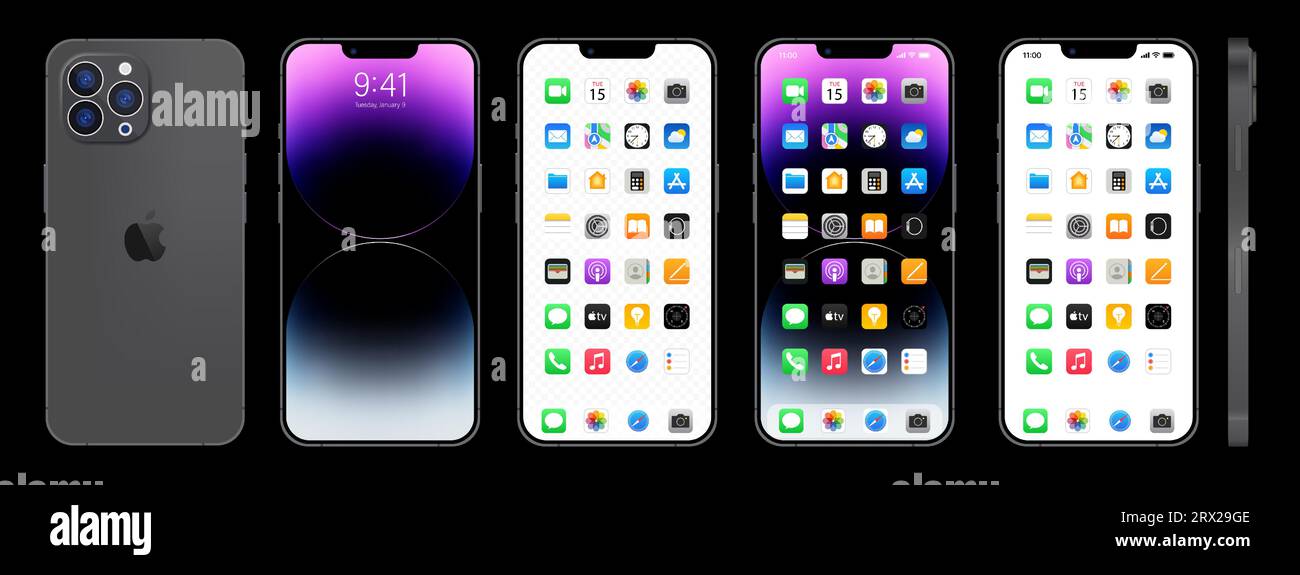 Nuovo iPhone 15 nero e grigio. Smartphone Apple inc. Con ios 15. Schermo bloccato, pagina di navigazione del telefono, home page con 47 app più popolari. Sfondo nero. Illustrazione Vettoriale