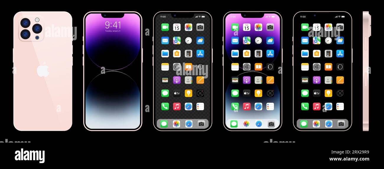 Nuovo iPhone 15 rosa. Smartphone Apple inc. Con ios 15. Schermo bloccato, pagina di navigazione del telefono, home page con 47 app più popolari. Sfondo nero. Editori Illustrazione Vettoriale